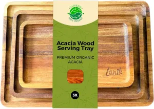 Lanik 3 Set Acacia Wood Serving Tray - Handmade Wooden Decorative Platters, Cheese Board, Kitchen Display Tray for Food, Snack, Appetizers, Picnic, Breakfast