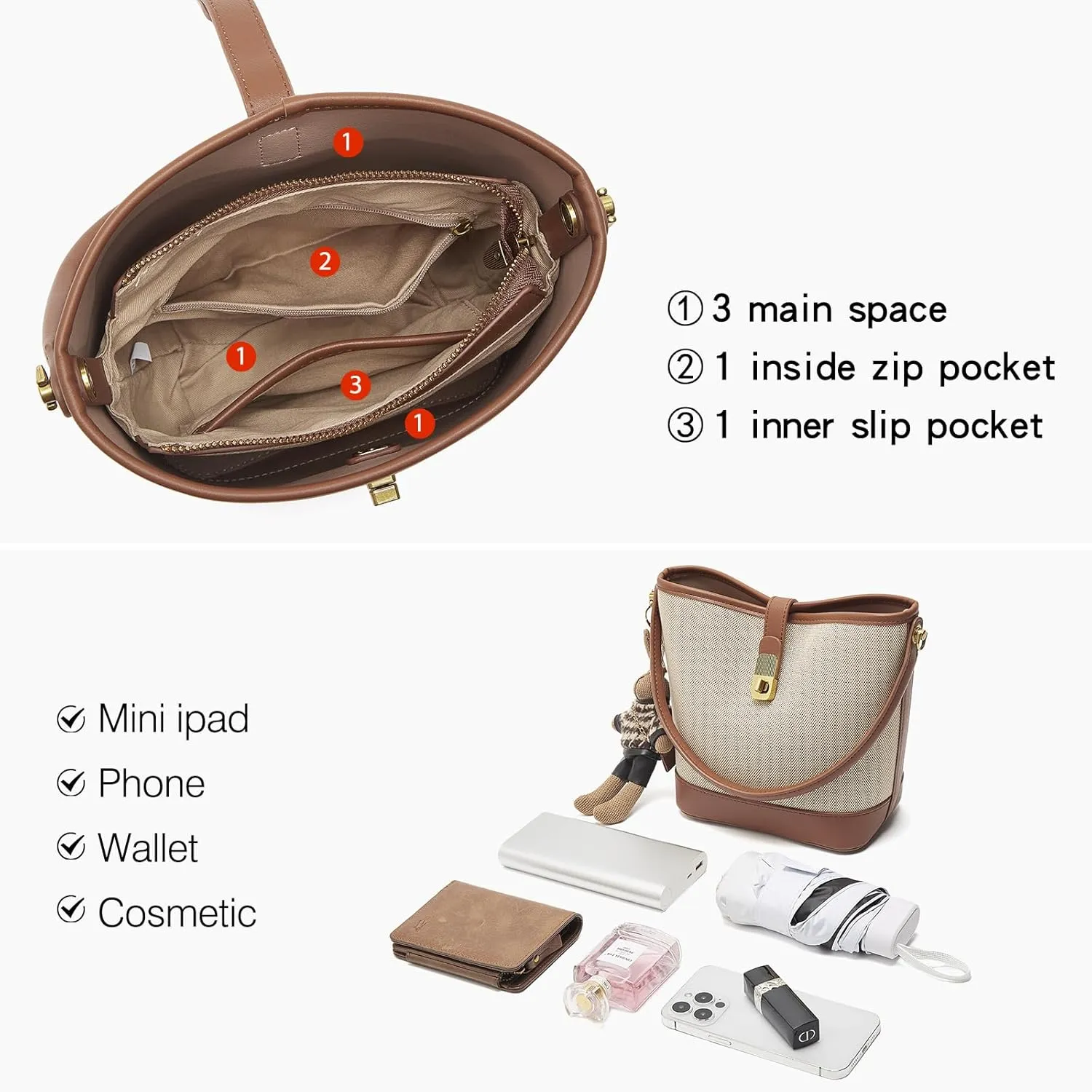 LAORENTOU Small Fabric Bucket Top-handle Crossbody Bag for Women Satchel Trendy Handbags Canvas