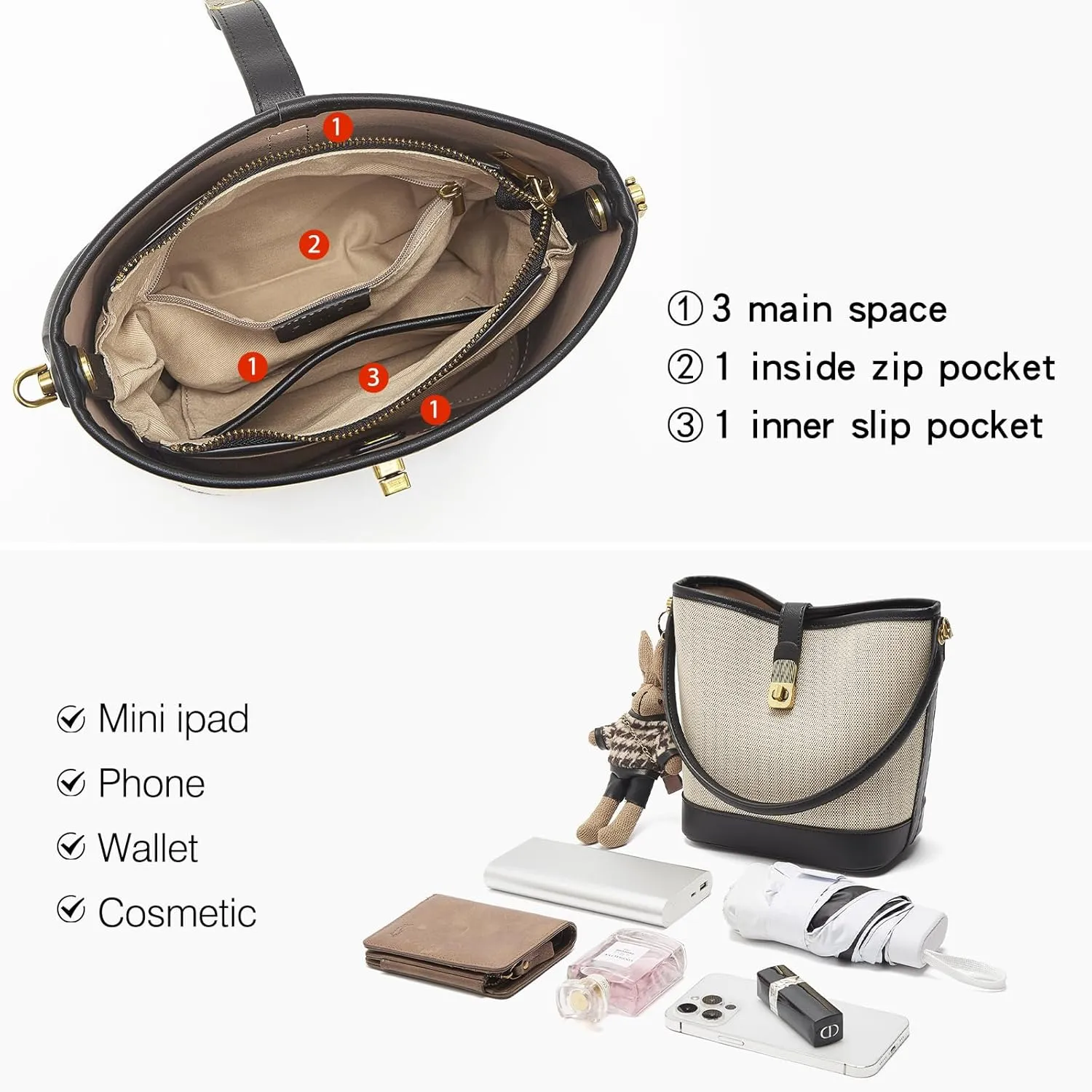 LAORENTOU Small Fabric Bucket Top-handle Crossbody Bag for Women Satchel Trendy Handbags Canvas