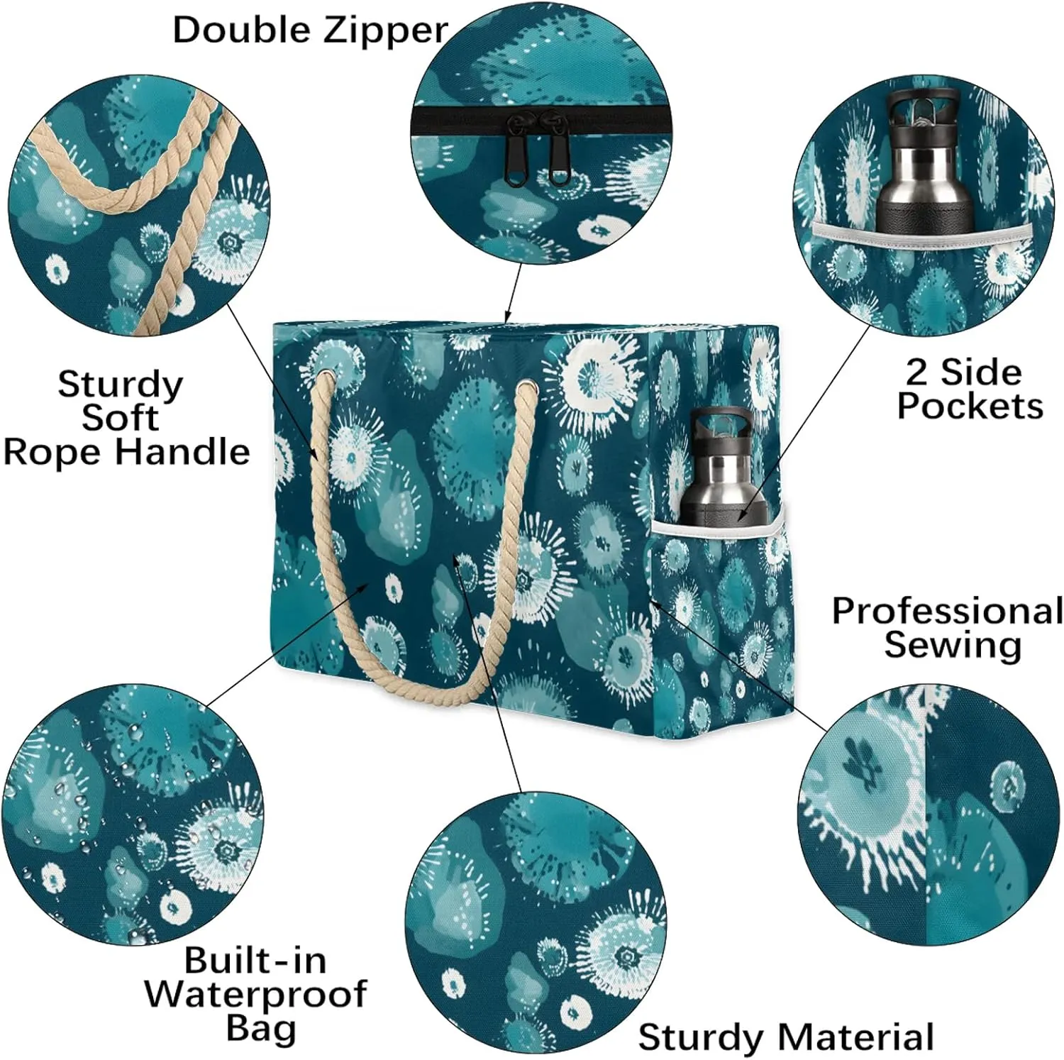 Large Beach Bags for Women and Men, Waterproof Tote with Zipper, Reusable Grocery Shopping Shoulder Bag