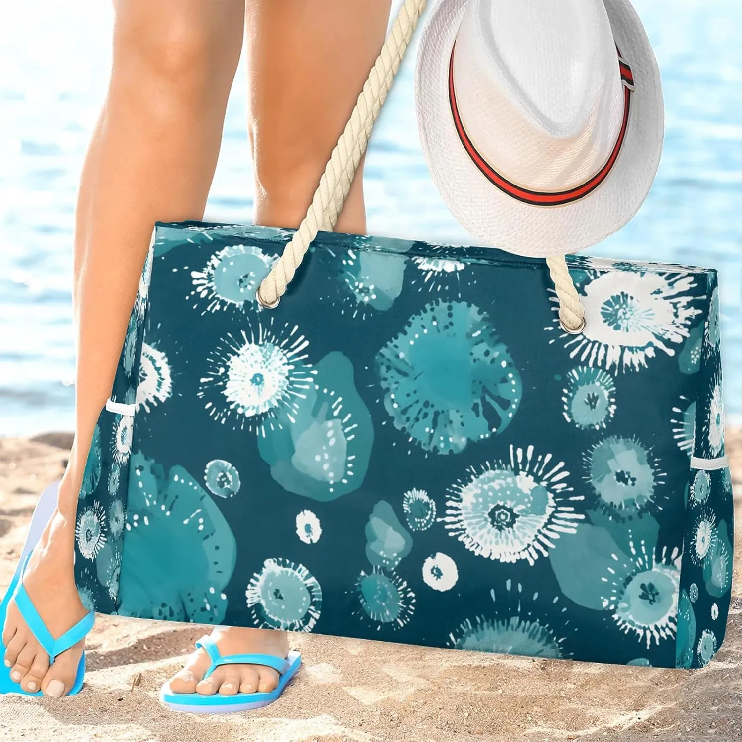 Large Beach Bags for Women and Men, Waterproof Tote with Zipper, Reusable Grocery Shopping Shoulder Bag