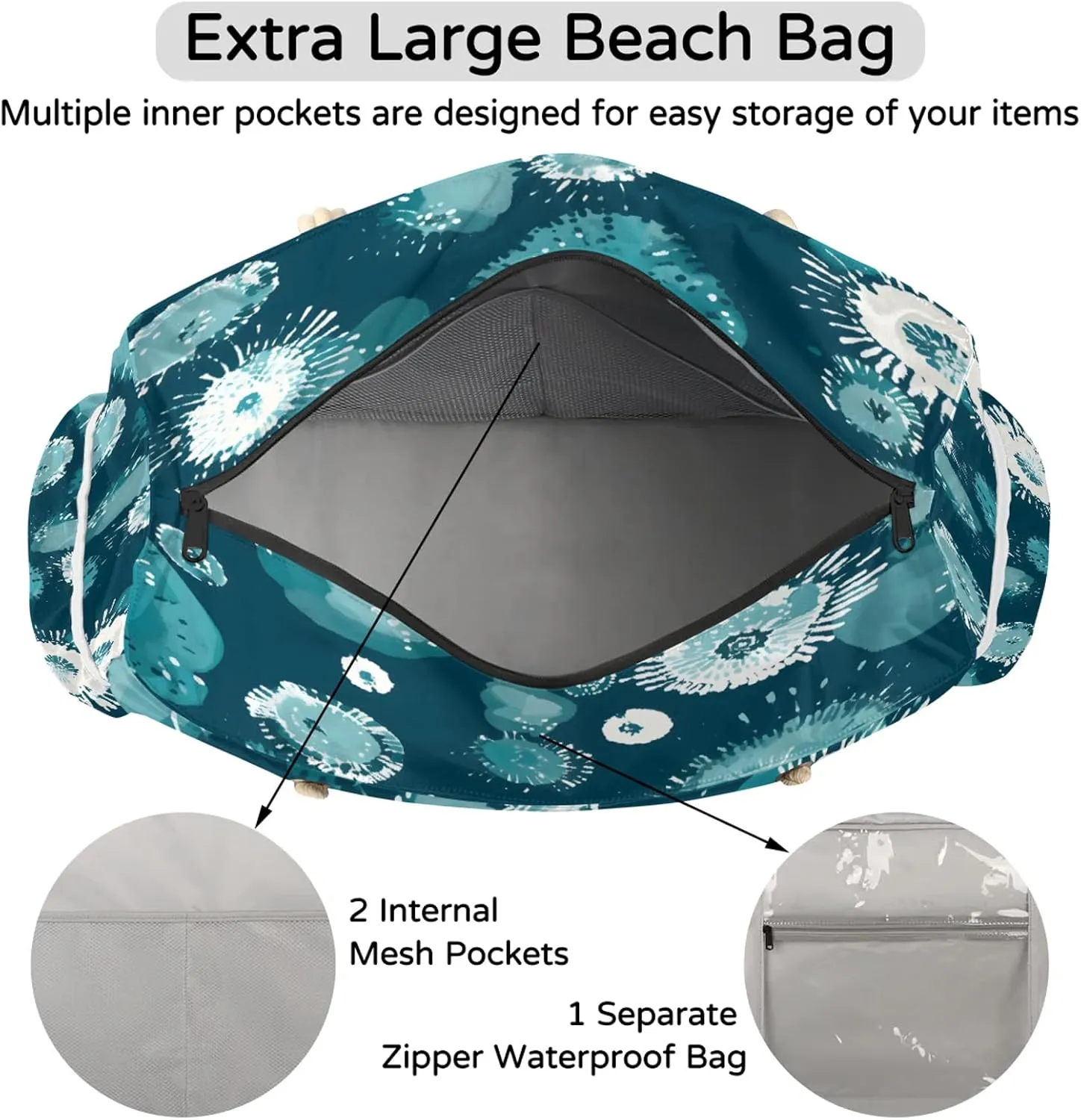 Large Beach Bags for Women and Men, Waterproof Tote with Zipper, Reusable Grocery Shopping Shoulder Bag