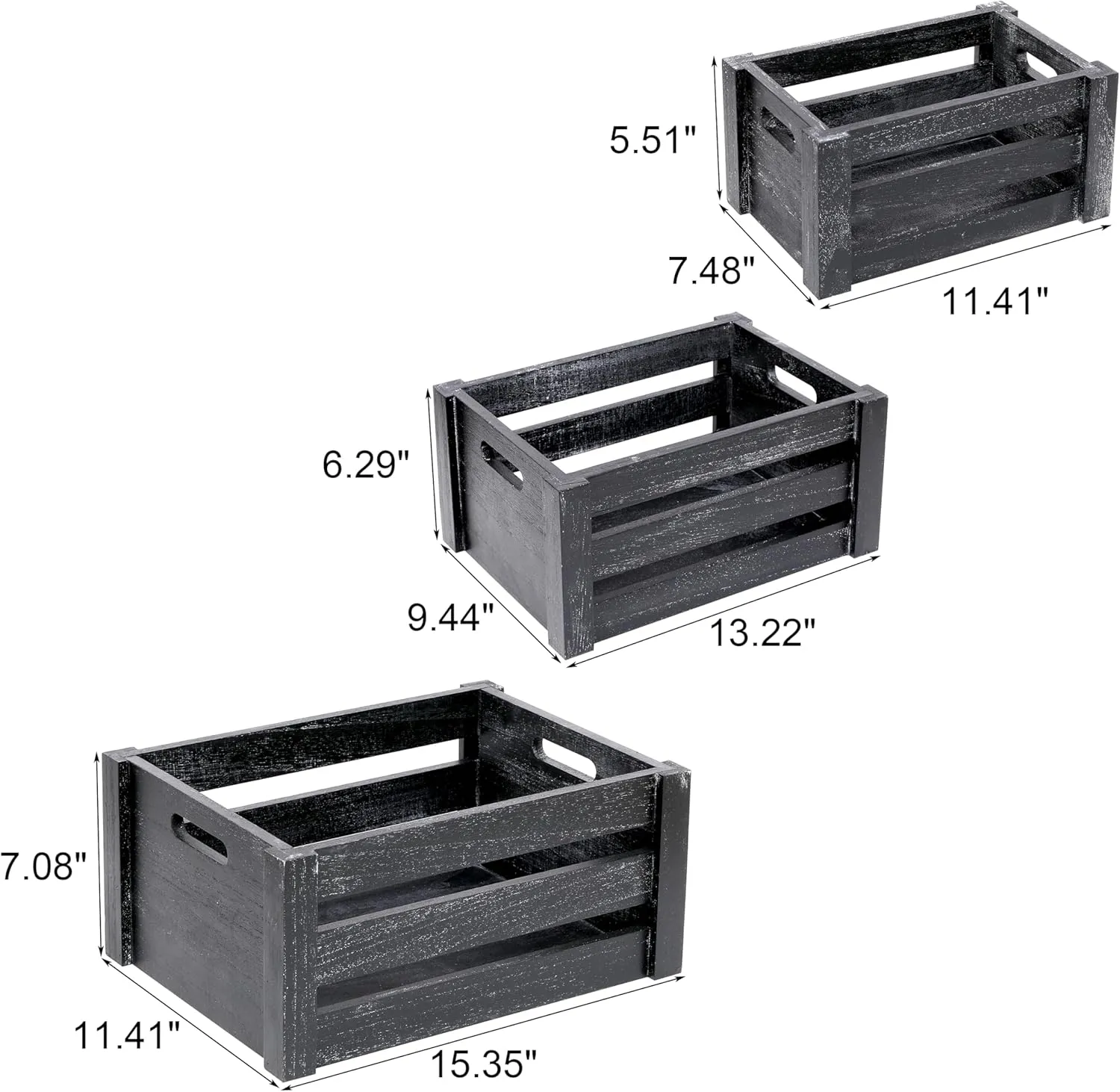 Large Classic Black Wooden Crates For Dispaly,Set Of 3 Wood Crates With Handles,Rustic Handmade Wood Boxes For Storage Or Display,Solid Wood Decrative Boxes (Classic Black)