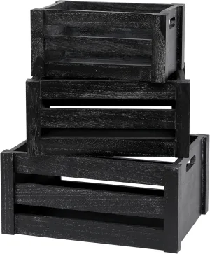 Large Classic Black Wooden Crates For Dispaly,Set Of 3 Wood Crates With Handles,Rustic Handmade Wood Boxes For Storage Or Display,Solid Wood Decrative Boxes (Classic Black)