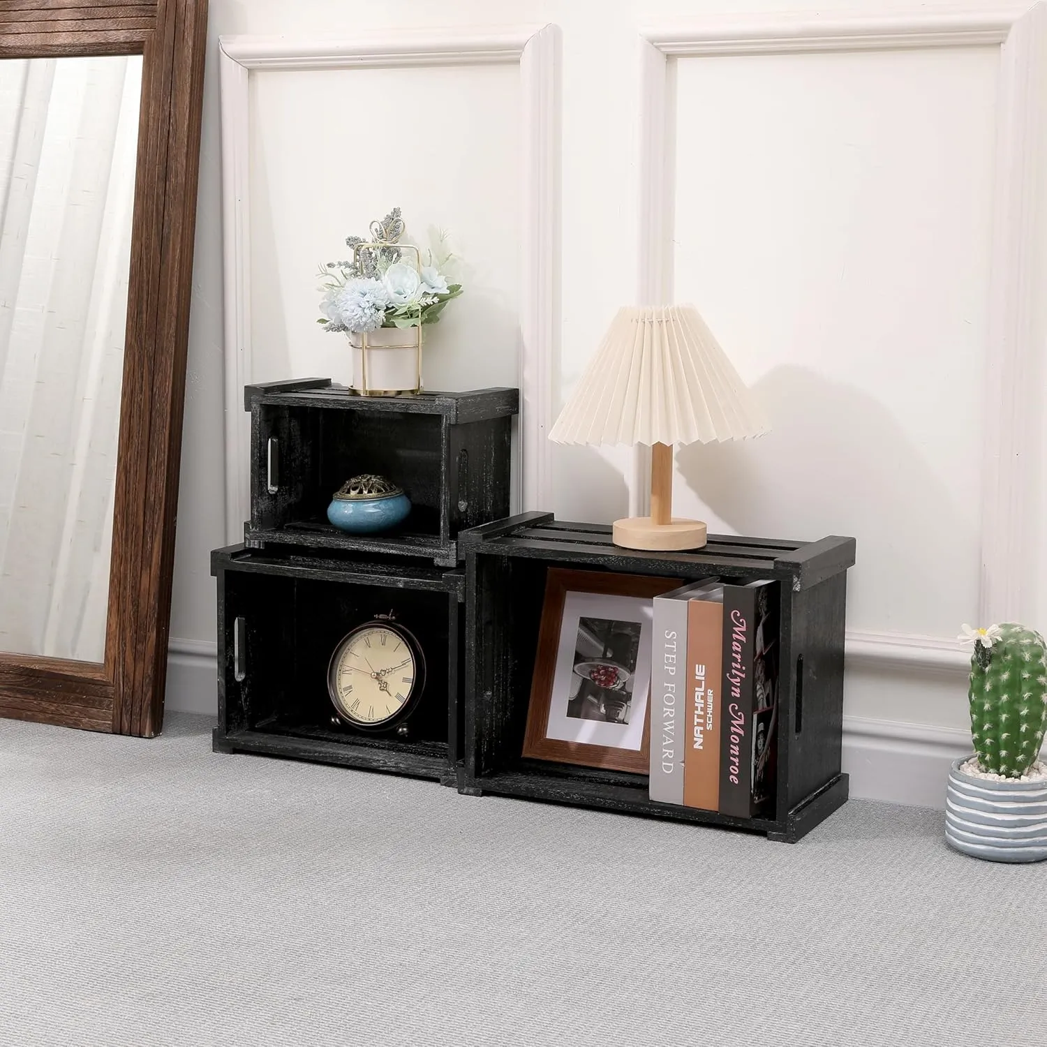 Large Classic Black Wooden Crates For Dispaly,Set Of 3 Wood Crates With Handles,Rustic Handmade Wood Boxes For Storage Or Display,Solid Wood Decrative Boxes (Classic Black)