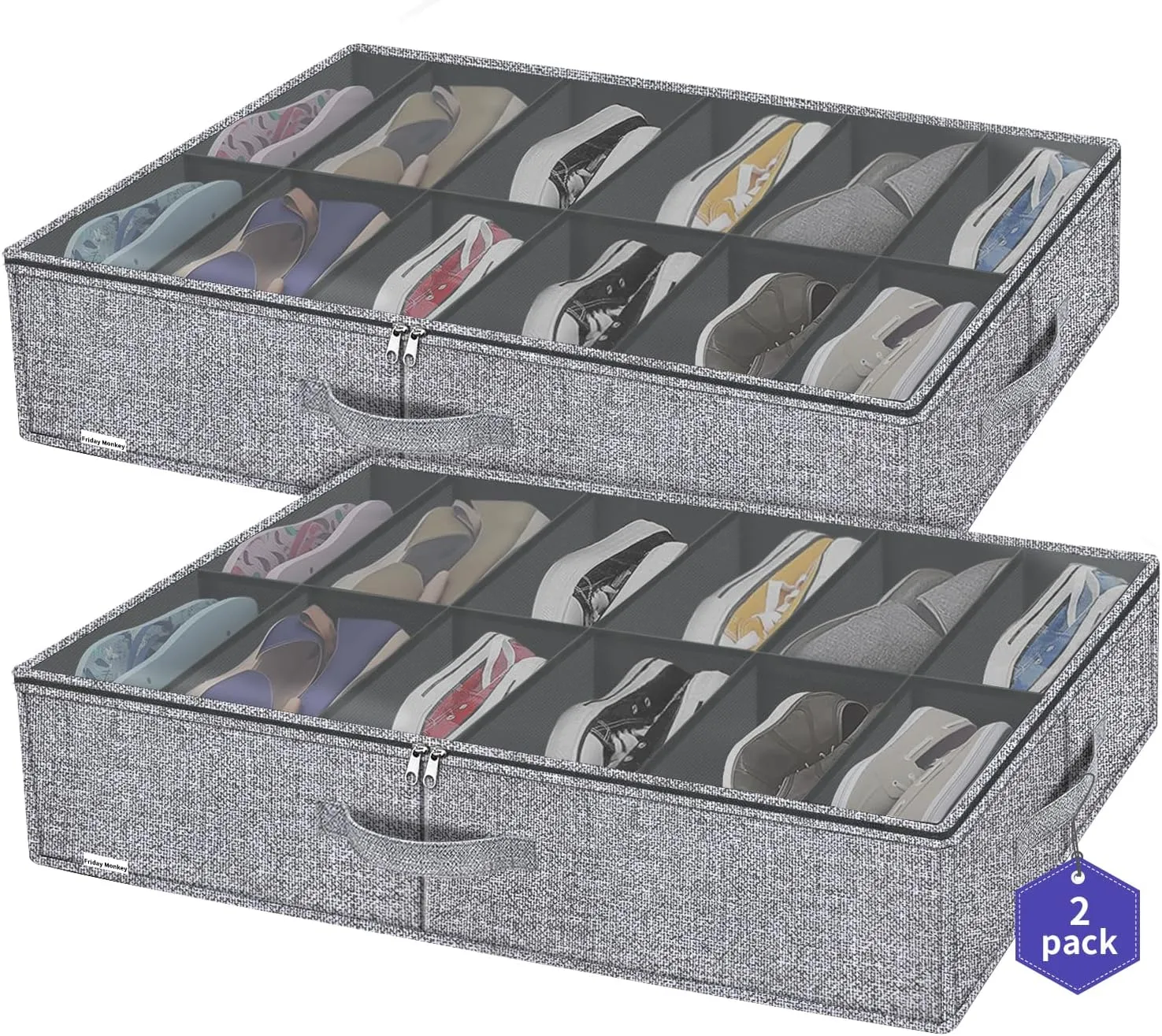 Large Under Bed Shoes Storage Organizer Set of 2 (12 12 Pairs), Heavy Duty Closet Foldable Fabric Shoe Container Box with Clear Window, 29.3x23.6x5.9 inches, Linen-like Grey, ZMXDUBSB2P