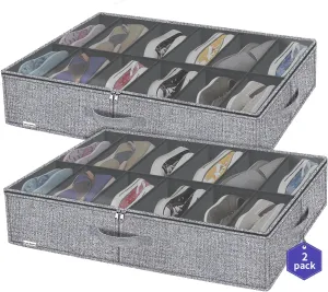 Large Under Bed Shoes Storage Organizer Set of 2 (12 12 Pairs), Heavy Duty Closet Foldable Fabric Shoe Container Box with Clear Window, 29.3x23.6x5.9 inches, Linen-like Grey, ZMXDUBSB2P