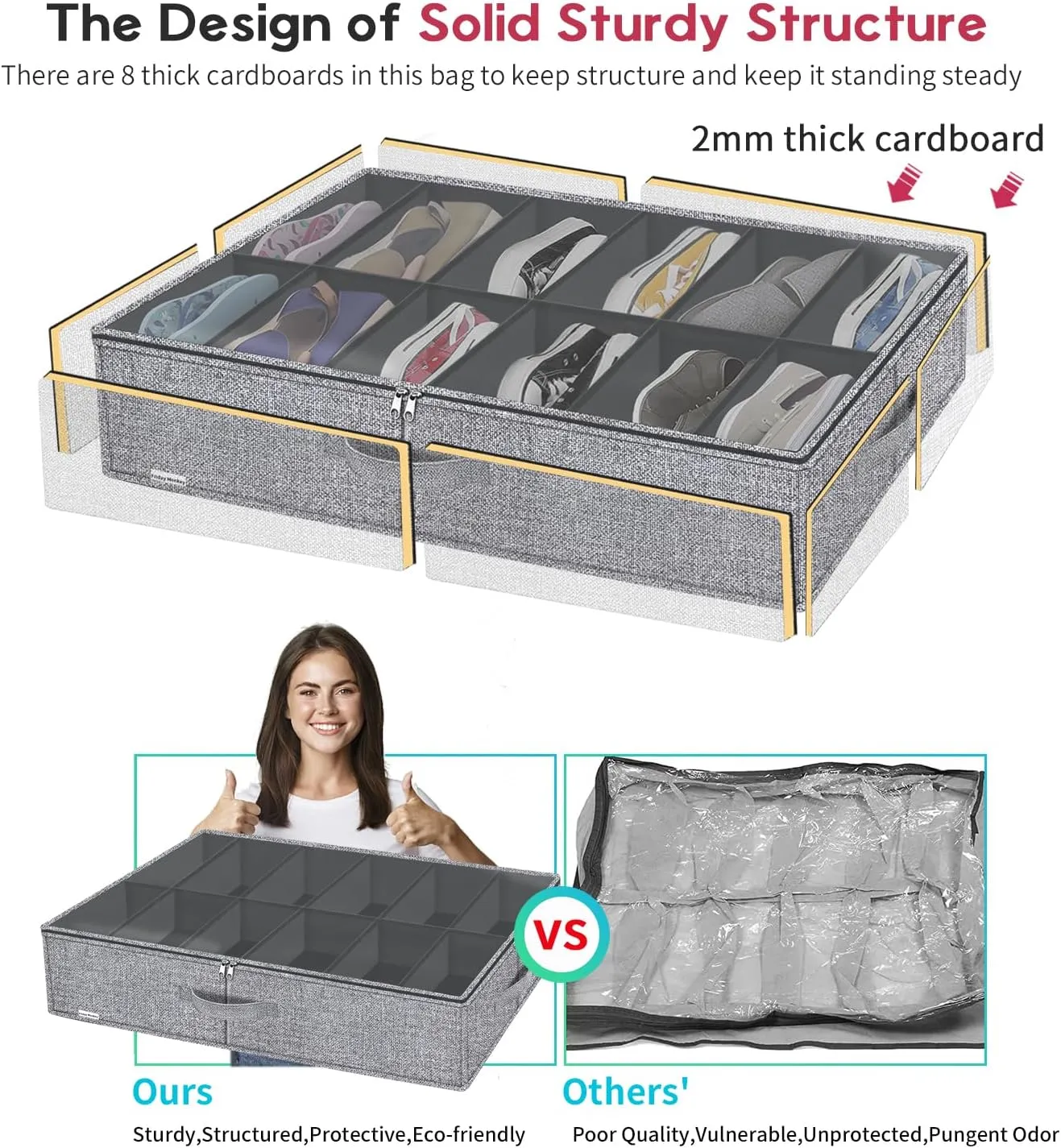 Large Under Bed Shoes Storage Organizer Set of 2 (12 12 Pairs), Heavy Duty Closet Foldable Fabric Shoe Container Box with Clear Window, 29.3x23.6x5.9 inches, Linen-like Grey, ZMXDUBSB2P