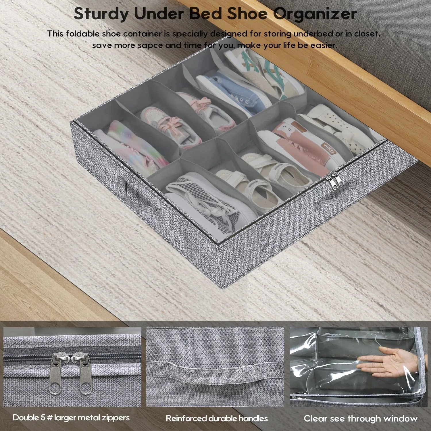 Large Under Bed Shoes Storage Organizer Set of 2 (12 12 Pairs), Heavy Duty Closet Foldable Fabric Shoe Container Box with Clear Window, 29.3x23.6x5.9 inches, Linen-like Grey, ZMXDUBSB2P