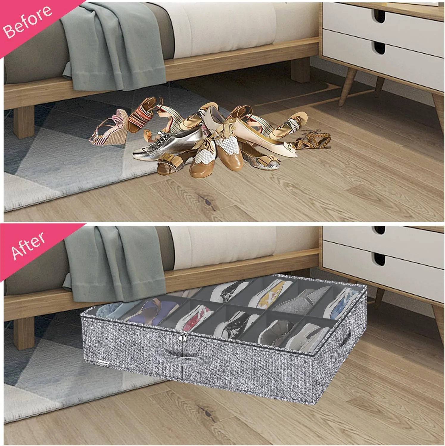 Large Under Bed Shoes Storage Organizer Set of 2 (12 12 Pairs), Heavy Duty Closet Foldable Fabric Shoe Container Box with Clear Window, 29.3x23.6x5.9 inches, Linen-like Grey, ZMXDUBSB2P