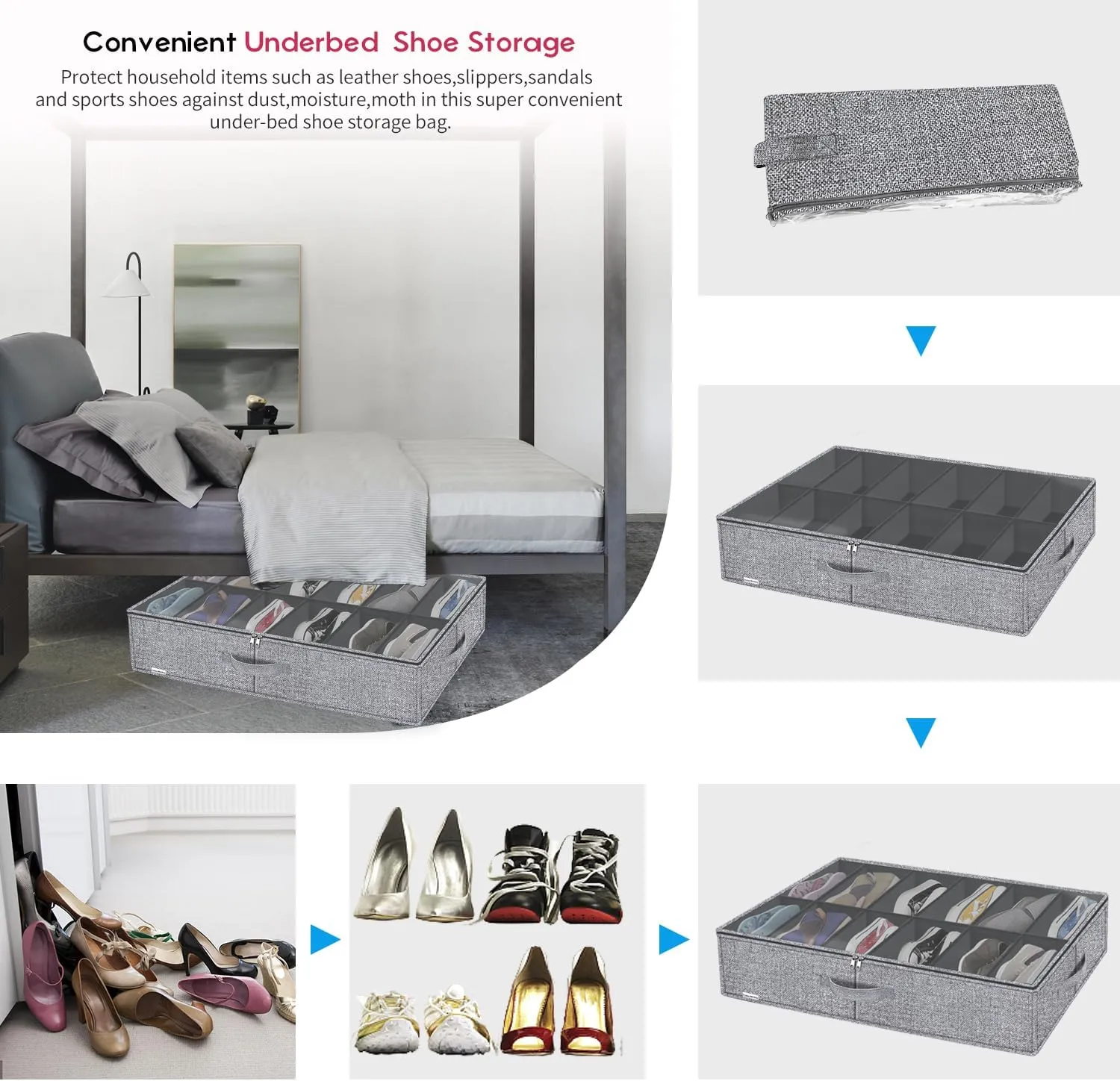 Large Under Bed Shoes Storage Organizer Set of 2 (12 12 Pairs), Heavy Duty Closet Foldable Fabric Shoe Container Box with Clear Window, 29.3x23.6x5.9 inches, Linen-like Grey, ZMXDUBSB2P
