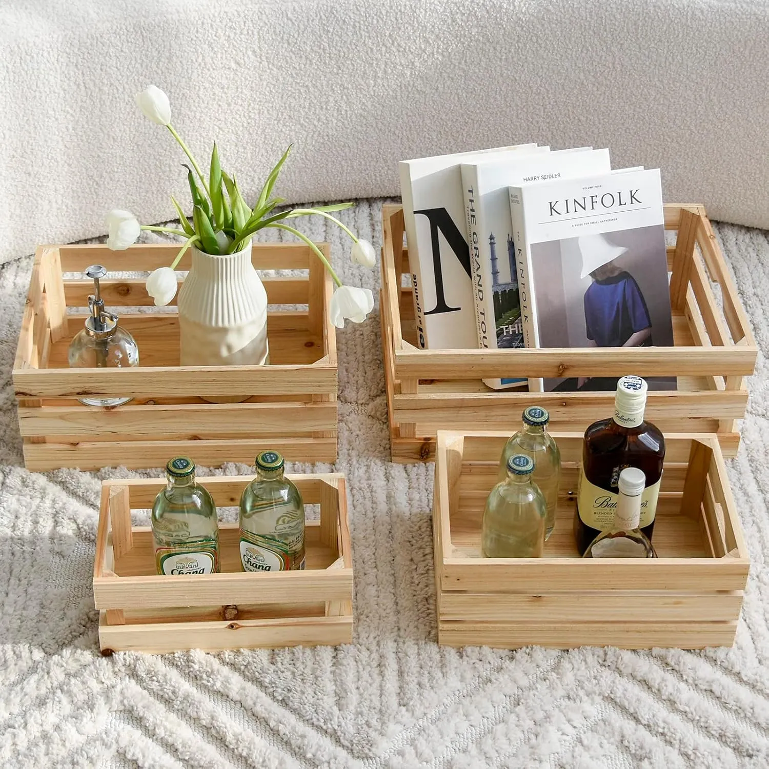 Large Wooden Crates Unfinished Set of 4 Decorative Storage Box with Handles, Rustic Farmhouse Wooden Crates for Display, Living Room Container Basket Box for Kitchen, Pantry, Bedroom