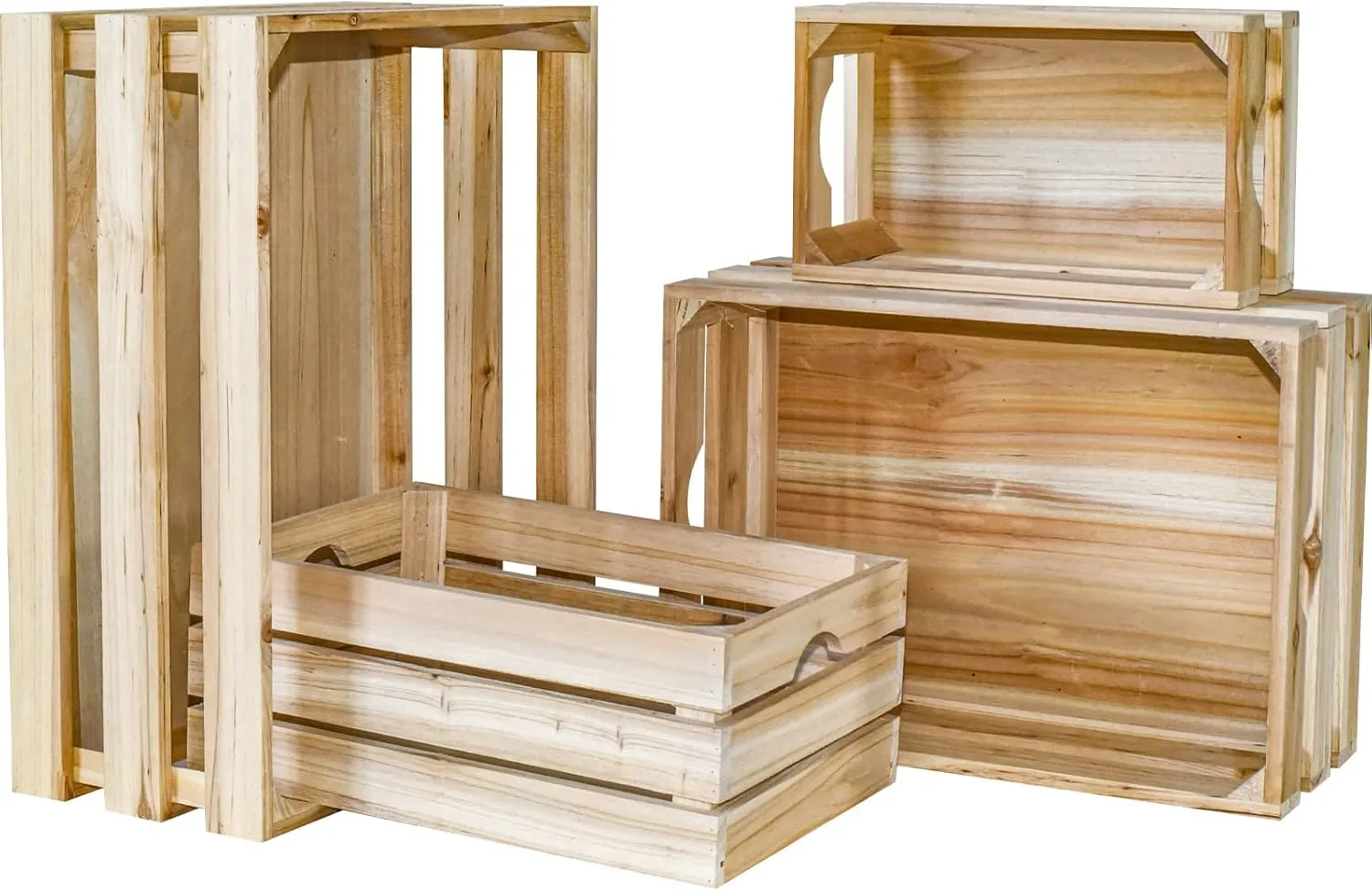 Large Wooden Crates Unfinished Set of 4 Decorative Storage Box with Handles, Rustic Farmhouse Wooden Crates for Display, Living Room Container Basket Box for Kitchen, Pantry, Bedroom