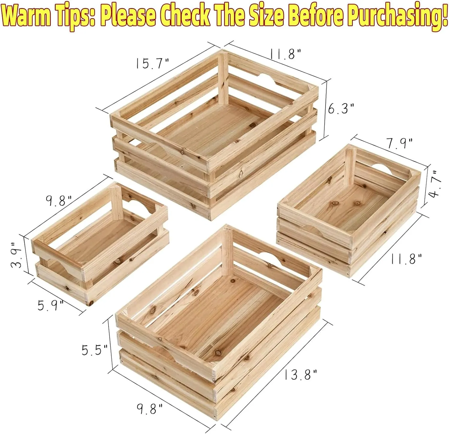 Large Wooden Crates Unfinished Set of 4 Decorative Storage Box with Handles, Rustic Farmhouse Wooden Crates for Display, Living Room Container Basket Box for Kitchen, Pantry, Bedroom