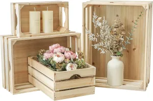 Large Wooden Crates Unfinished Set of 4 Storage Crates, Decorative Wood Storage Crate for Display Rustic, Nesting Wooden Container Boxes Made from 100% Wood