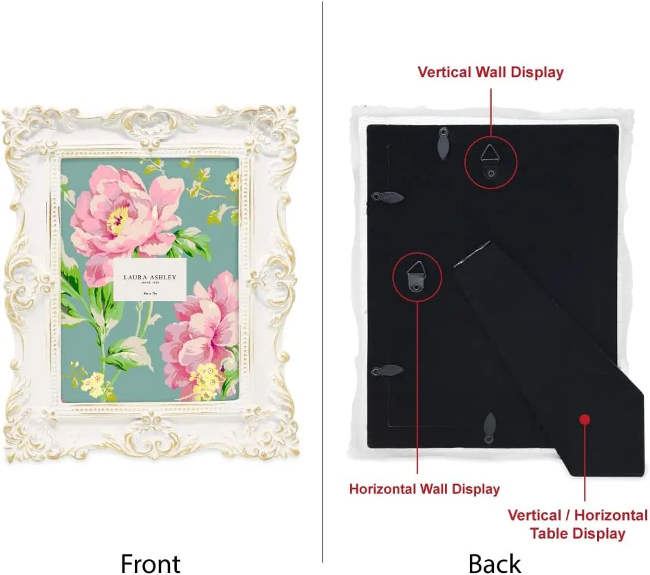 Laura Ashley 5x7 White & Gold Ornate Textured Hand-Crafted Resin Picture Frame w/Easel & Hook for Tabletop & Wall Display, Decorative Floral Design Home Décor, Photo Gallery, Art (5x7, White/Gold)