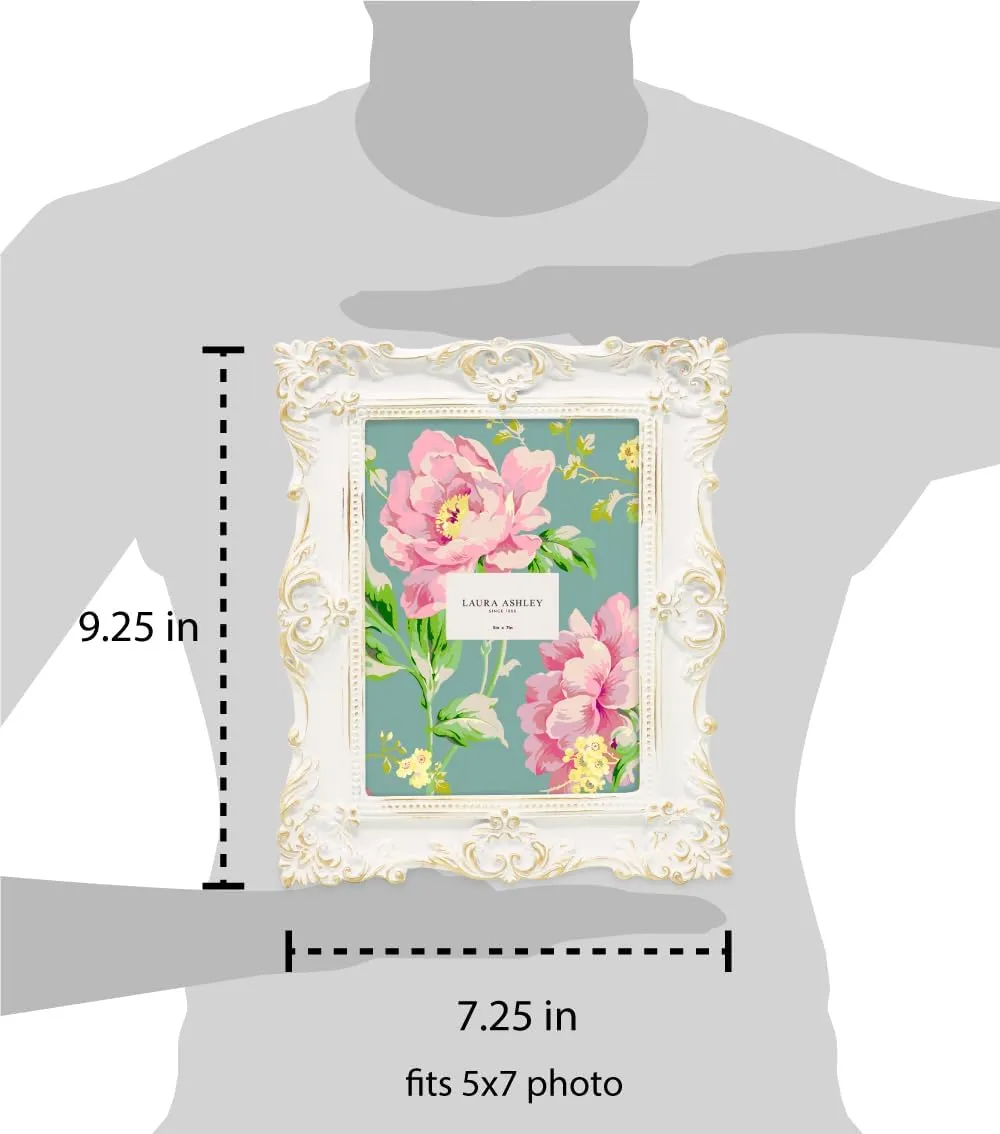 Laura Ashley 5x7 White & Gold Ornate Textured Hand-Crafted Resin Picture Frame w/Easel & Hook for Tabletop & Wall Display, Decorative Floral Design Home Décor, Photo Gallery, Art (5x7, White/Gold)