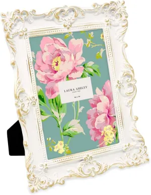 Laura Ashley 5x7 White & Gold Ornate Textured Hand-Crafted Resin Picture Frame w/Easel & Hook for Tabletop & Wall Display, Decorative Floral Design Home Décor, Photo Gallery, Art (5x7, White/Gold)