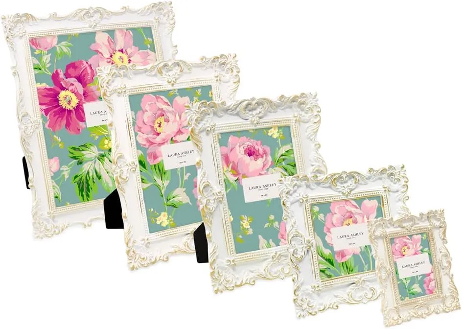 Laura Ashley 5x7 White & Gold Ornate Textured Hand-Crafted Resin Picture Frame w/Easel & Hook for Tabletop & Wall Display, Decorative Floral Design Home Décor, Photo Gallery, Art (5x7, White/Gold)