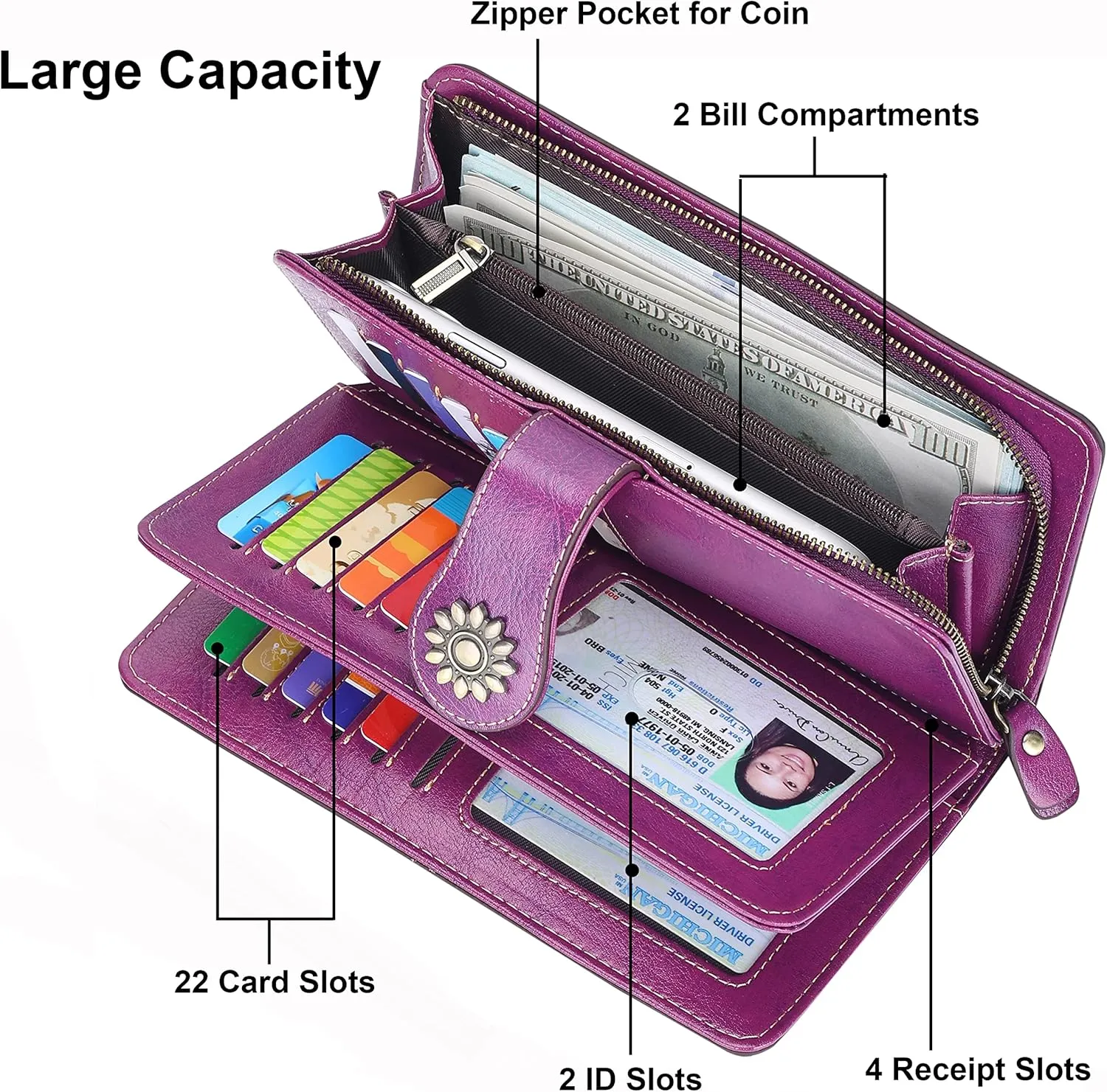 Lavemi Womens Large Capacity Genuine Leather RFID Blocking Wallets Wristlet Clutch Card Holder