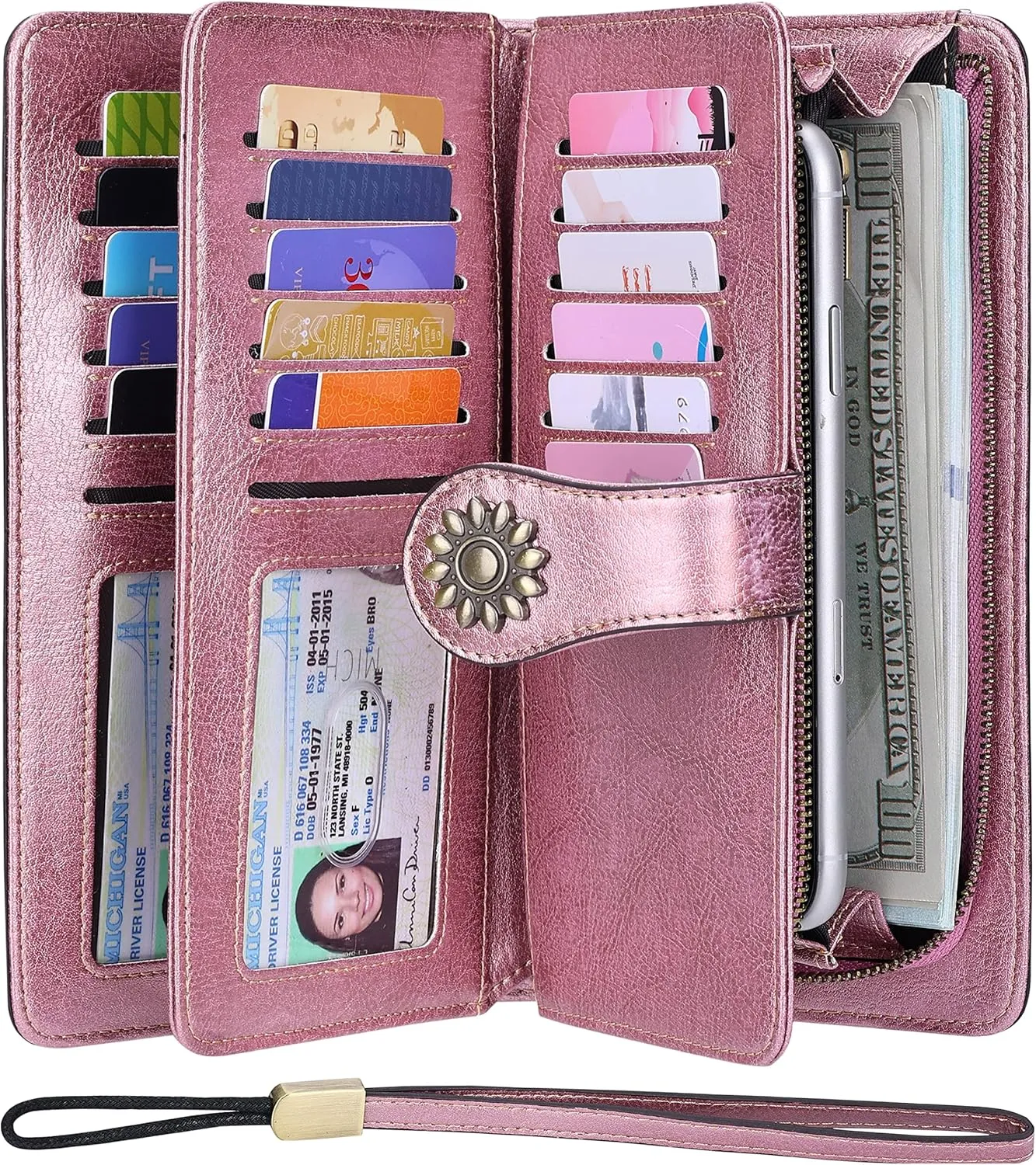 Lavemi Womens Large Capacity Genuine Leather RFID Blocking Wallets Wristlet Clutch Card Holder