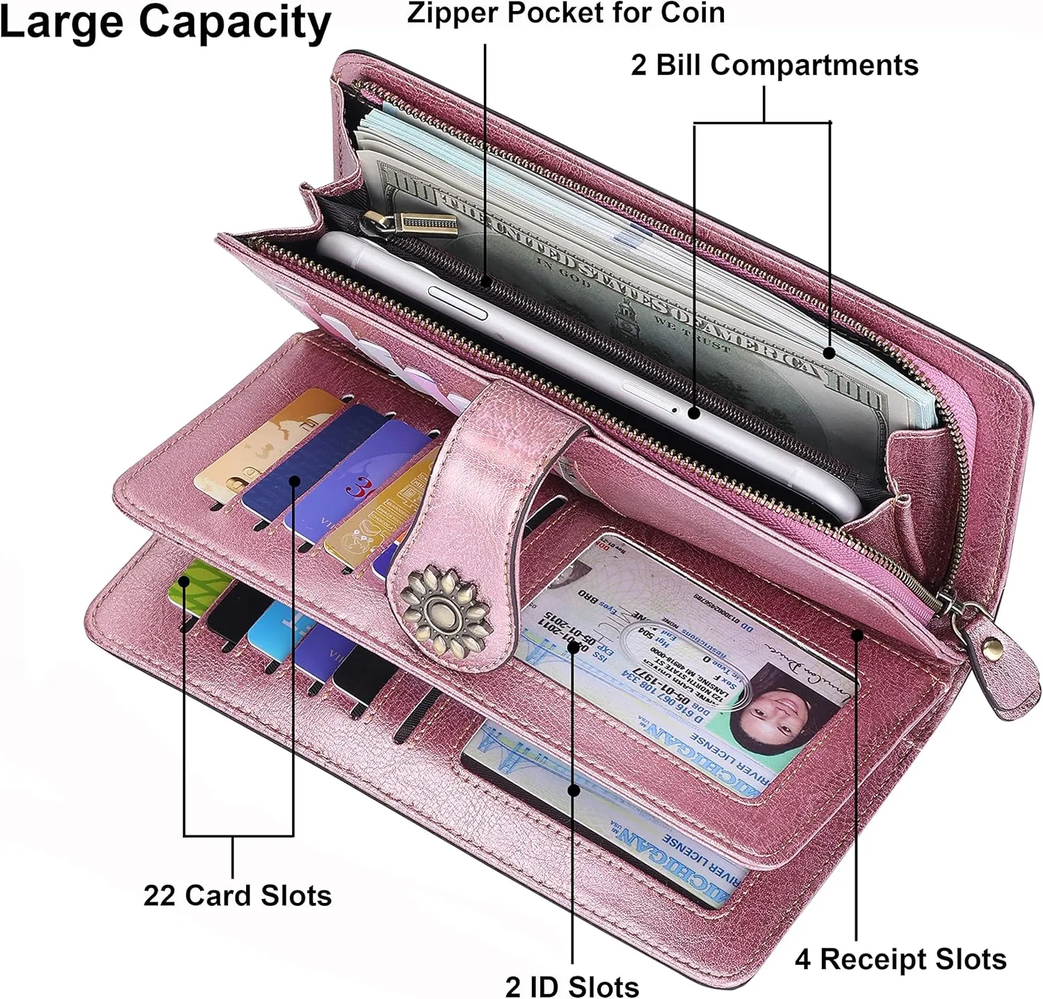 Lavemi Womens Large Capacity Genuine Leather RFID Blocking Wallets Wristlet Clutch Card Holder
