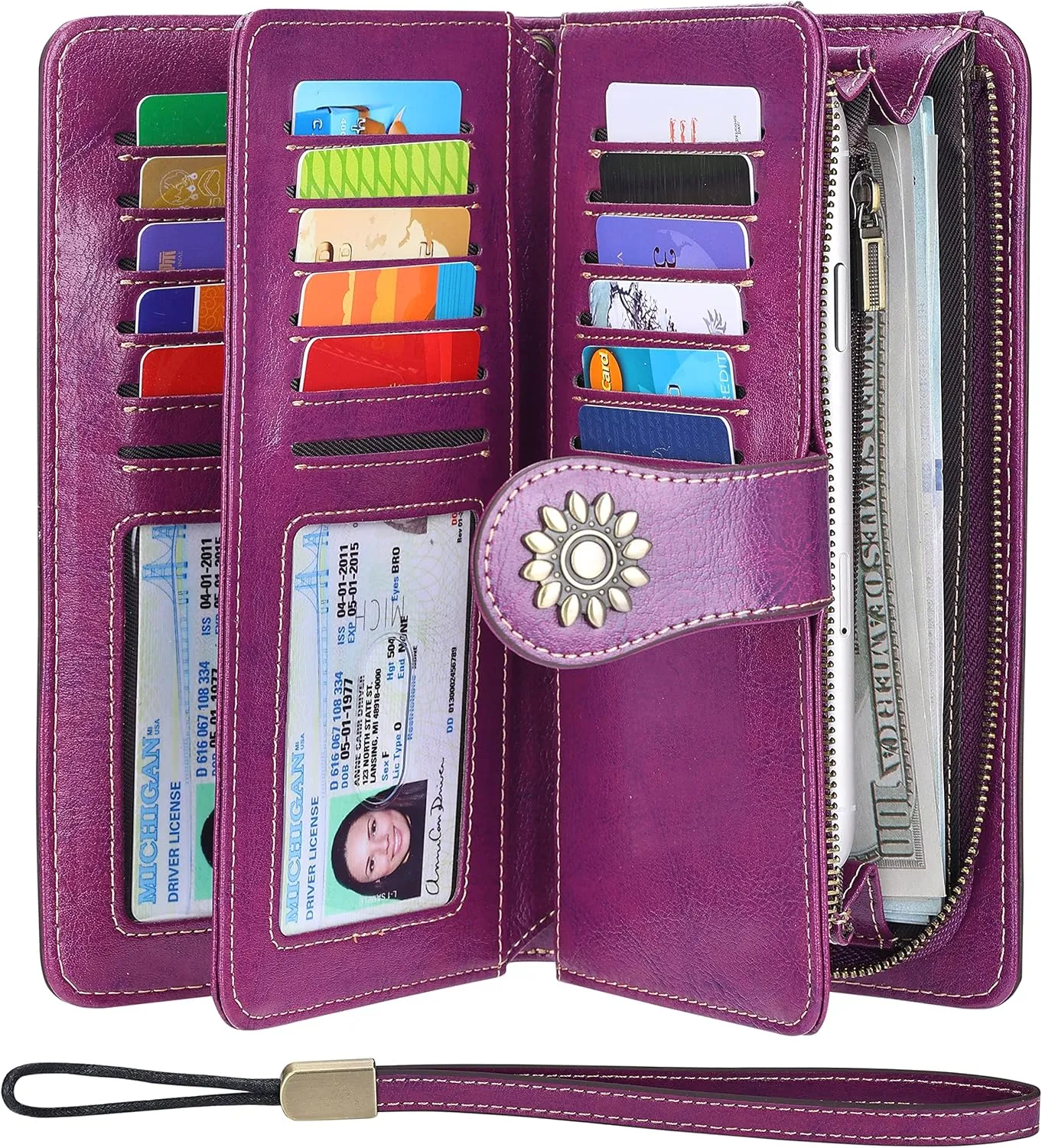Lavemi Womens Large Capacity Genuine Leather RFID Blocking Wallets Wristlet Clutch Card Holder