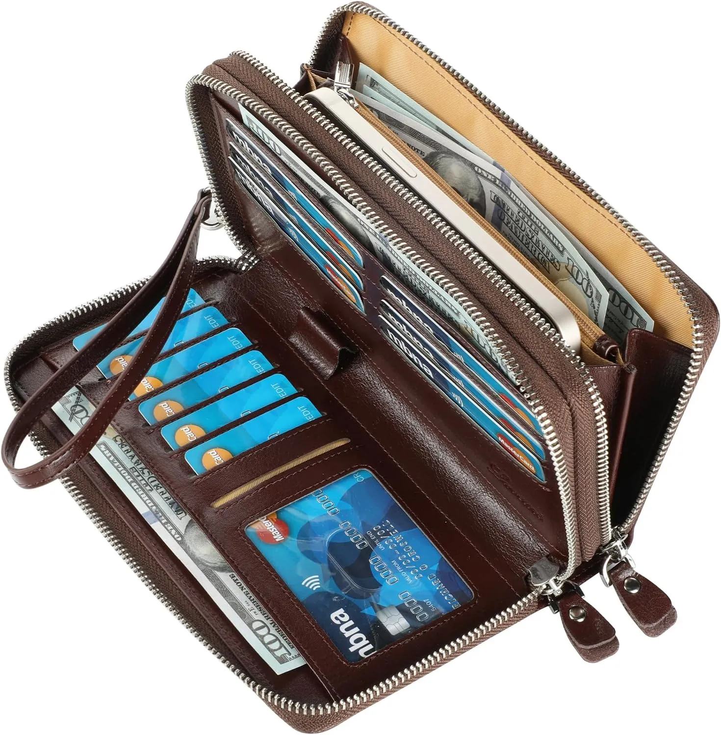 Lavemi Women's RFID Blocking 100% Leather Large Capacity Zip Around Wallet Phone Holder Clutch Travel Purse Wristlet