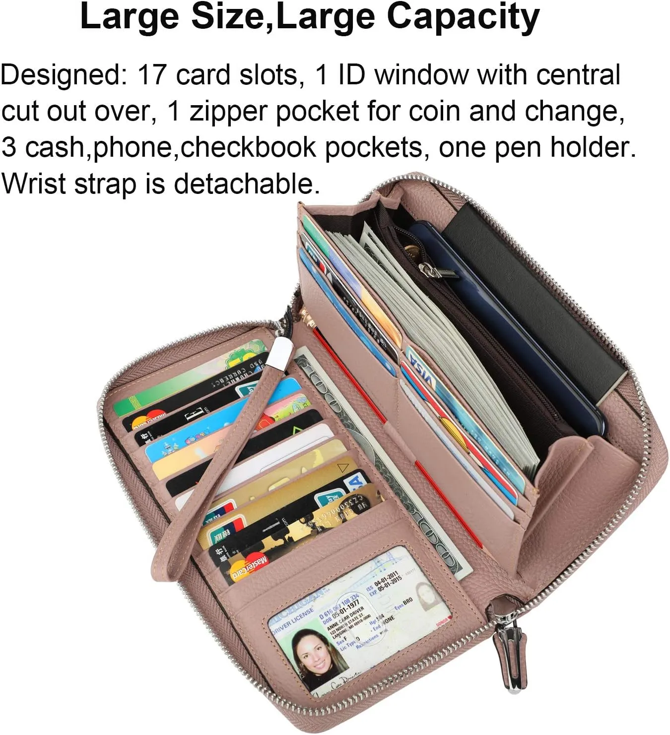 Lavemi Women's RFID Blocking 100% Leather Large Capacity Zip Around Wallet Phone Holder Clutch Travel Purse Wristlet