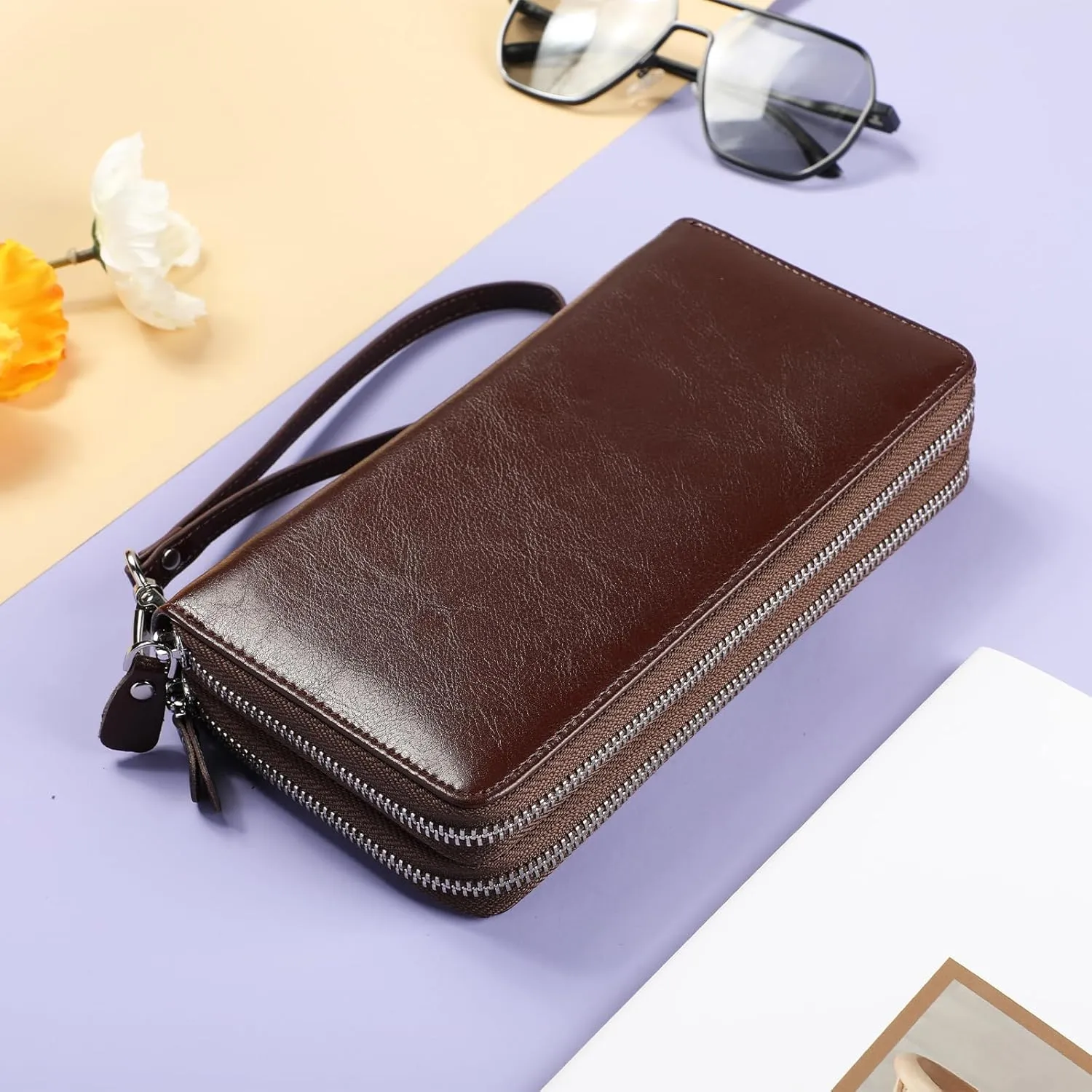 Lavemi Women's RFID Blocking 100% Leather Large Capacity Zip Around Wallet Phone Holder Clutch Travel Purse Wristlet