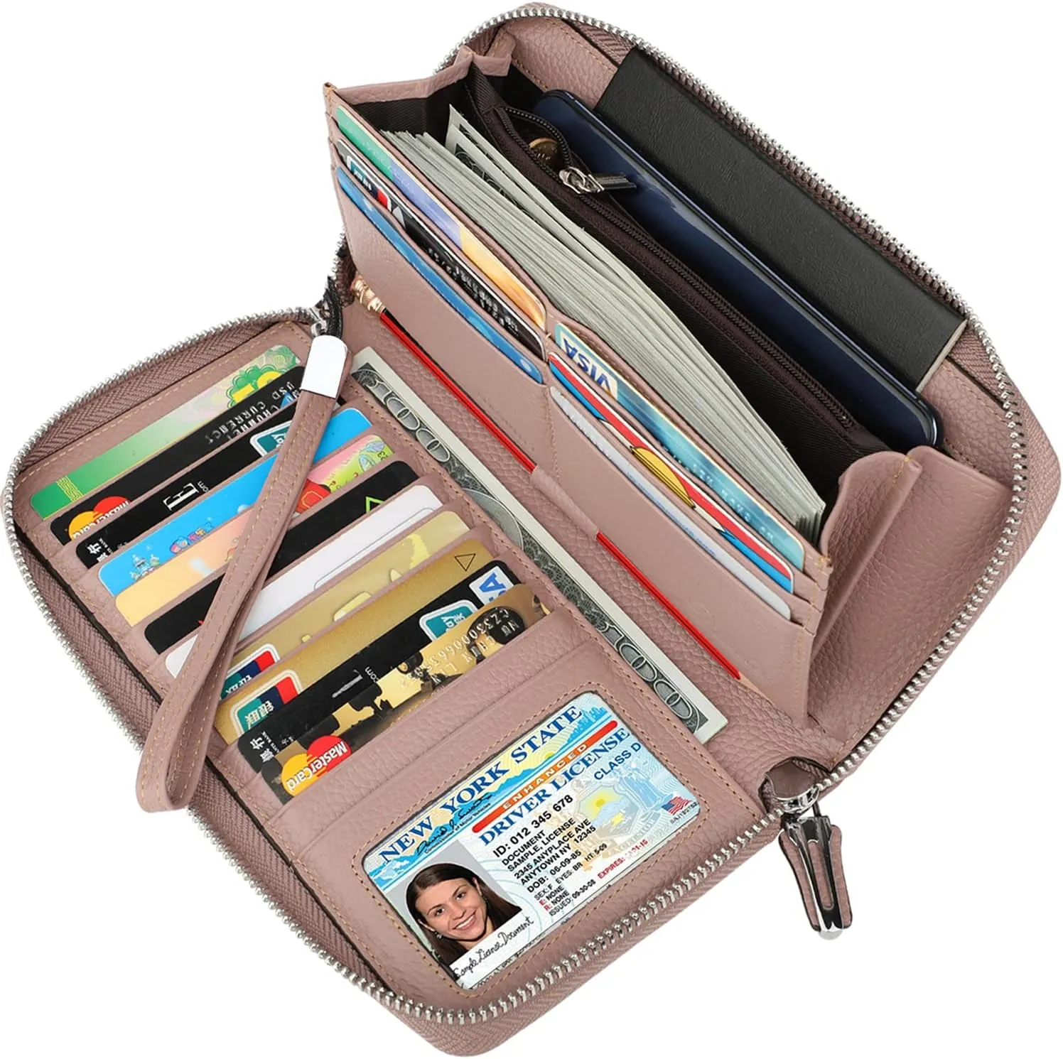 Lavemi Women's RFID Blocking 100% Leather Large Capacity Zip Around Wallet Phone Holder Clutch Travel Purse Wristlet