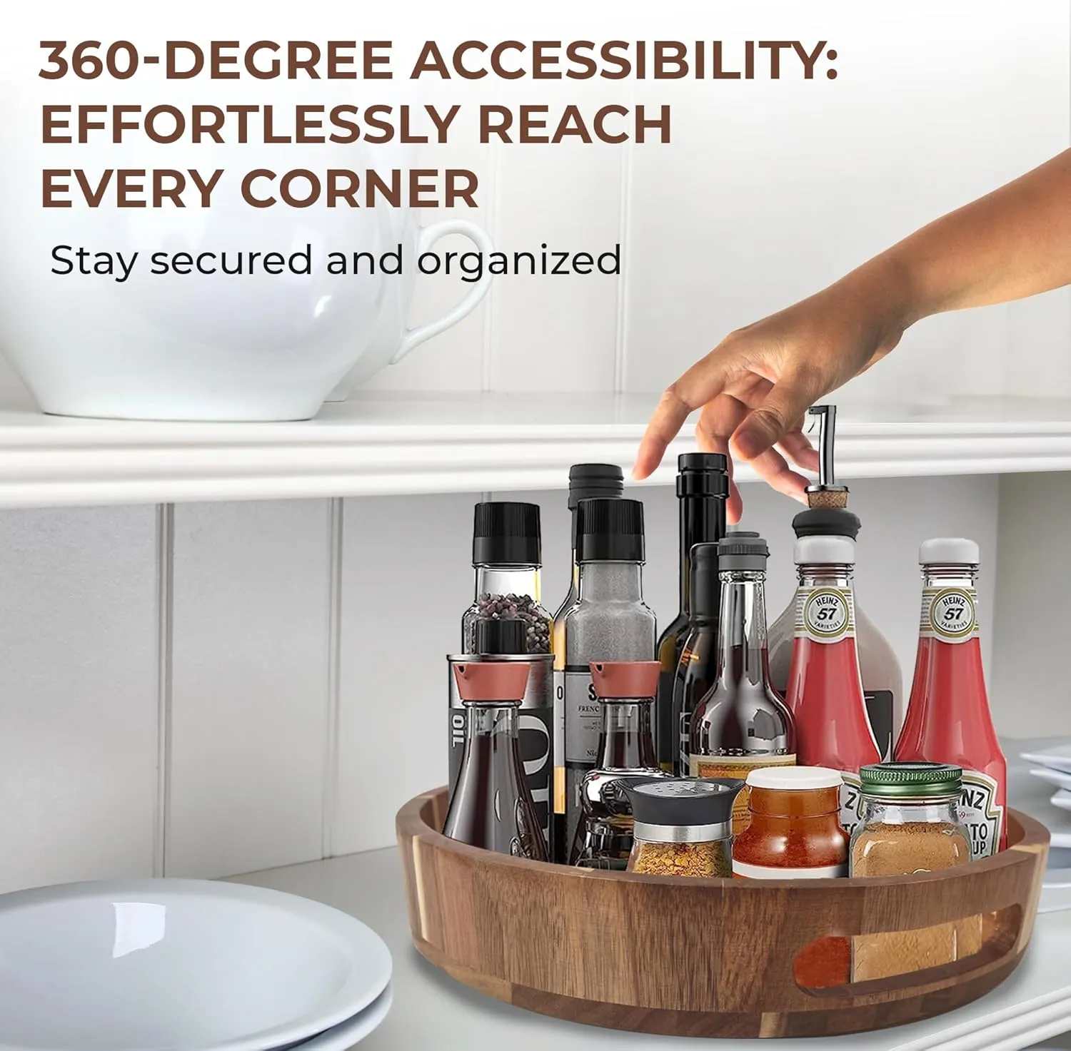 Lazy Susan Organizer - 12 Inch Wooden Lazy Susan Turntable Organizer - Table Top, Countertop, Cabinet, Pantry, Dining Table - 100% Acacia Wood - Kitchen Countertop Organizer