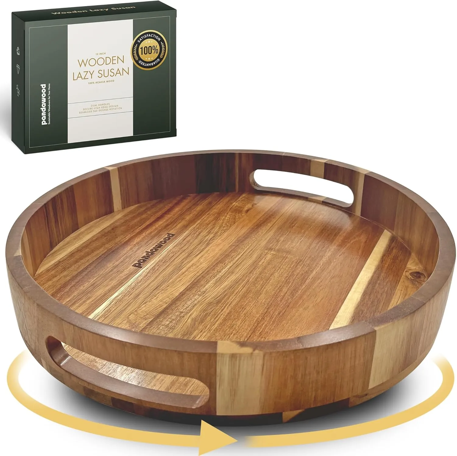 Lazy Susan Organizer - 12 Inch Wooden Lazy Susan Turntable Organizer - Table Top, Countertop, Cabinet, Pantry, Dining Table - 100% Acacia Wood - Kitchen Countertop Organizer