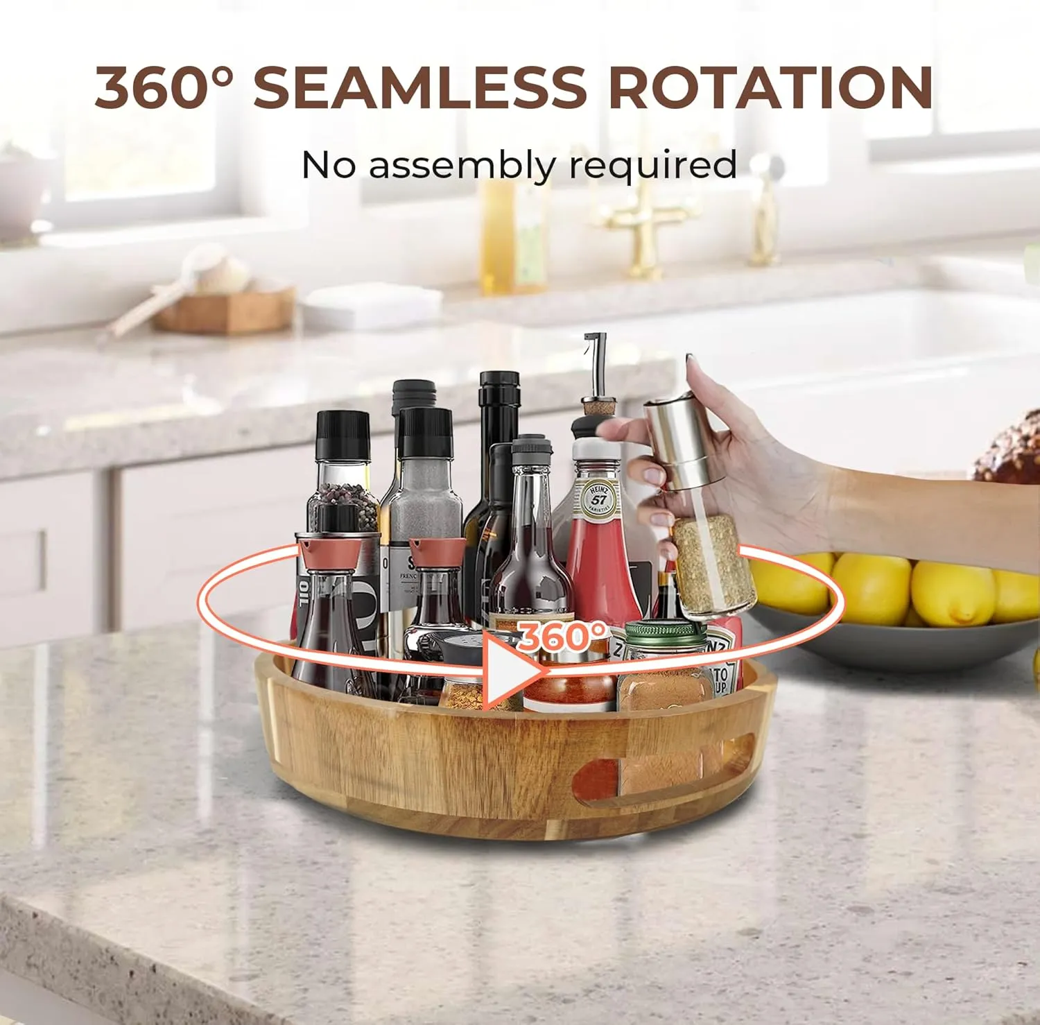 Lazy Susan Organizer - 12 Inch Wooden Lazy Susan Turntable Organizer - Table Top, Countertop, Cabinet, Pantry, Dining Table - 100% Acacia Wood - Kitchen Countertop Organizer