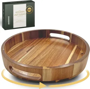 Lazy Susan Organizer - 12 Inch Wooden Lazy Susan Turntable Organizer - Table Top, Countertop, Cabinet, Pantry, Dining Table - 100% Acacia Wood - Kitchen Countertop Organizer