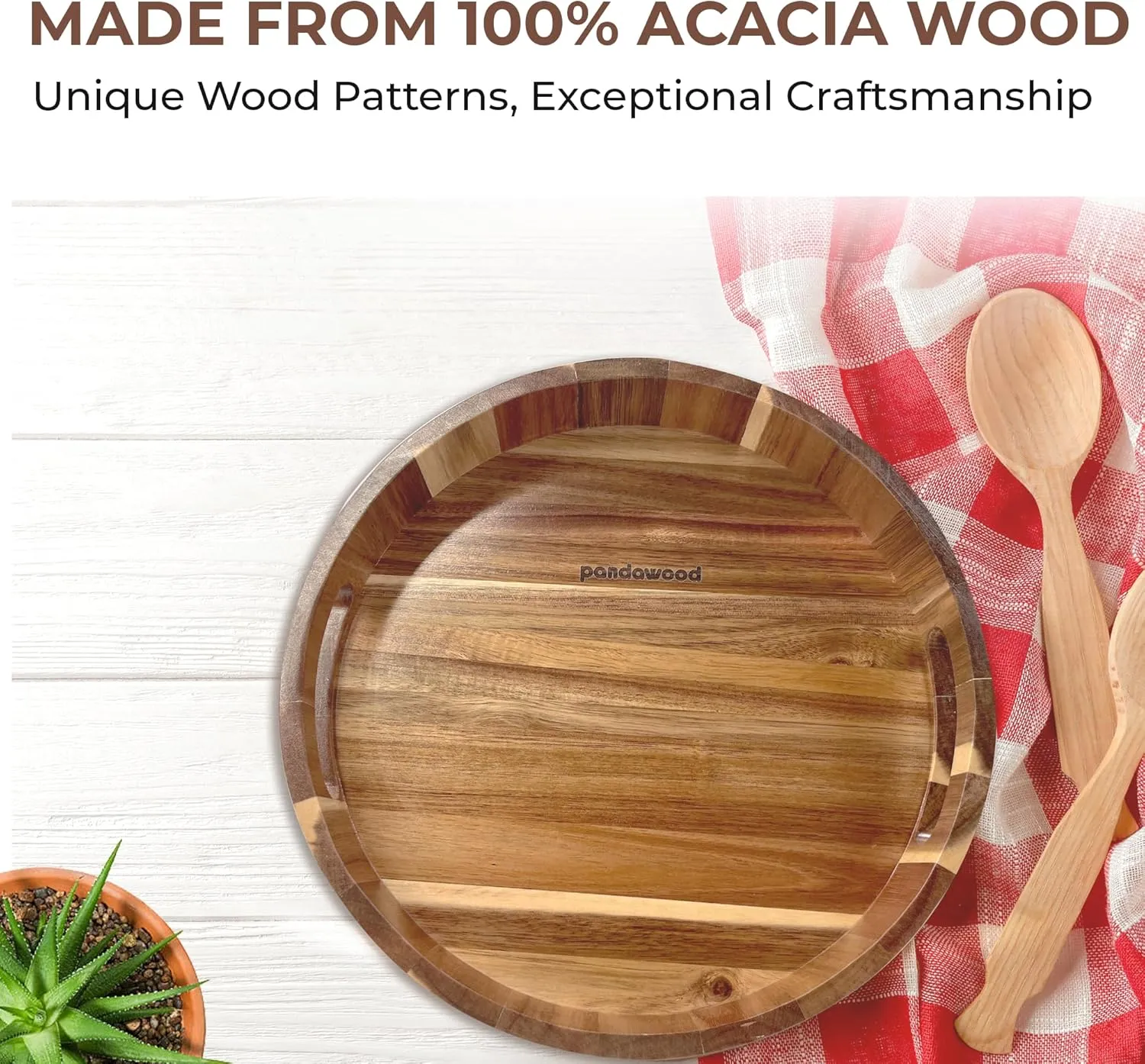 Lazy Susan Organizer - 12 Inch Wooden Lazy Susan Turntable Organizer - Table Top, Countertop, Cabinet, Pantry, Dining Table - 100% Acacia Wood - Kitchen Countertop Organizer