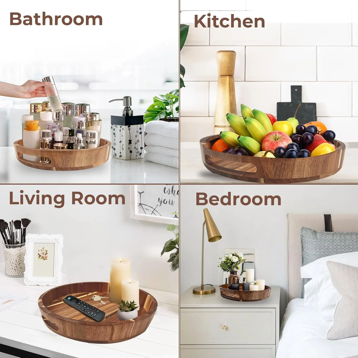 Lazy Susan Organizer - 12 Inch Wooden Lazy Susan Turntable Organizer - Table Top, Countertop, Cabinet, Pantry, Dining Table - 100% Acacia Wood - Kitchen Countertop Organizer