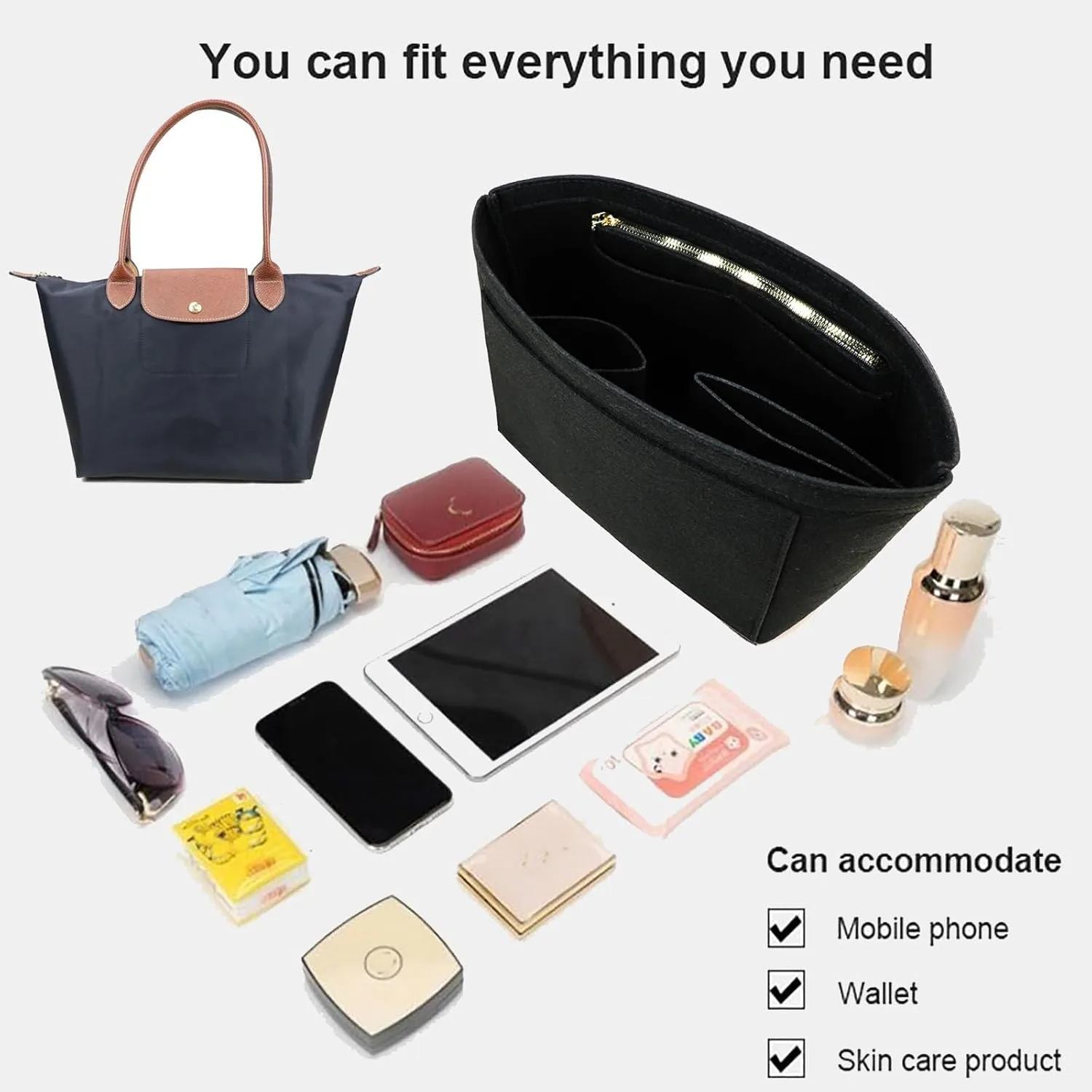 Lckaey bag Organizer Insert for longchamp le pliage organizer insert Handbags Organizer 1012BLACK-S