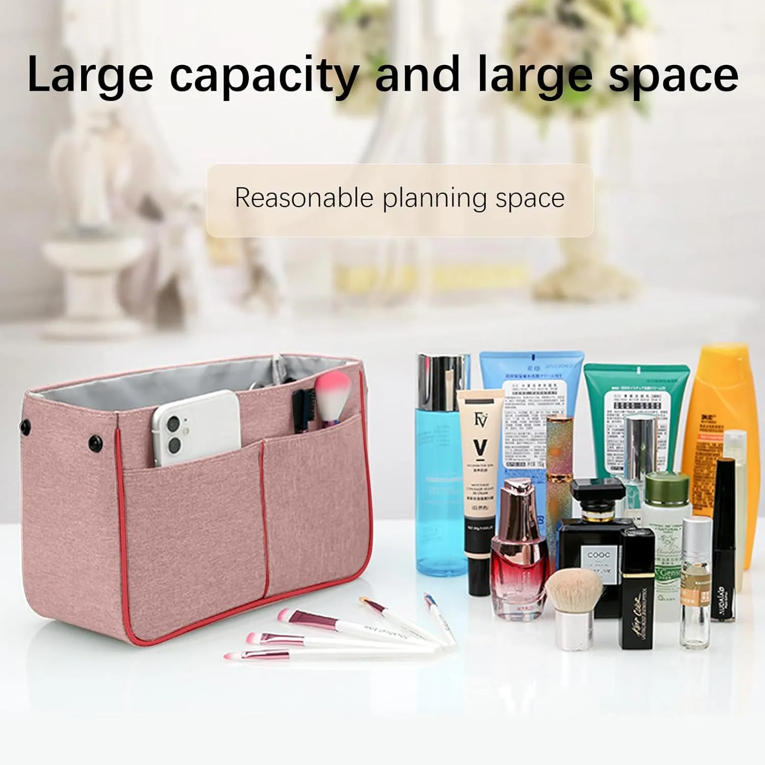 Lckaey Nylon Purse Organizer for neverfull Tote Handbag insert Organizers for longchamp and goyard tote insert 3091Pink-M