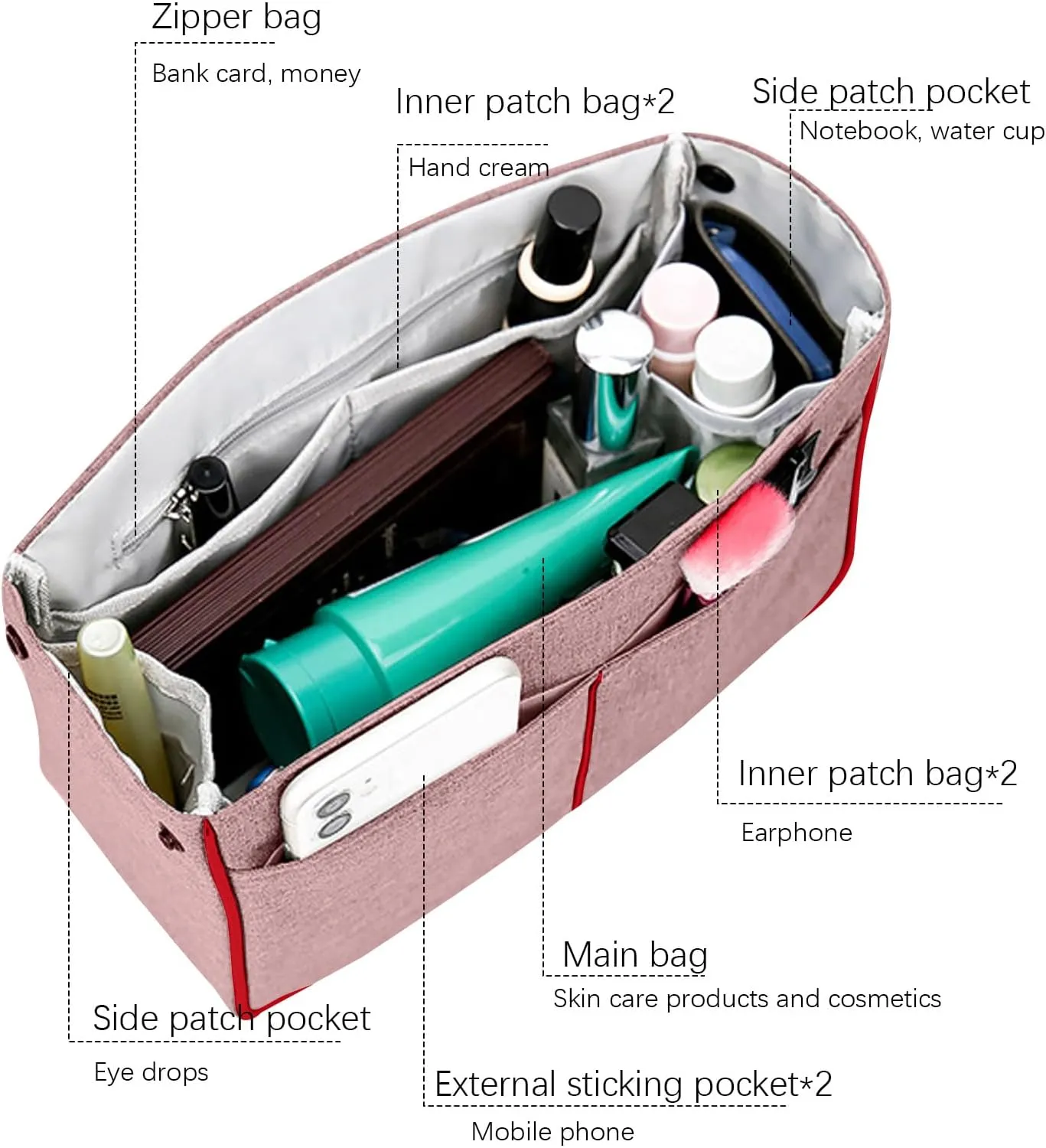 Lckaey Nylon Purse Organizer for neverfull Tote Handbag insert Organizers for longchamp and goyard tote insert 3091Pink-M