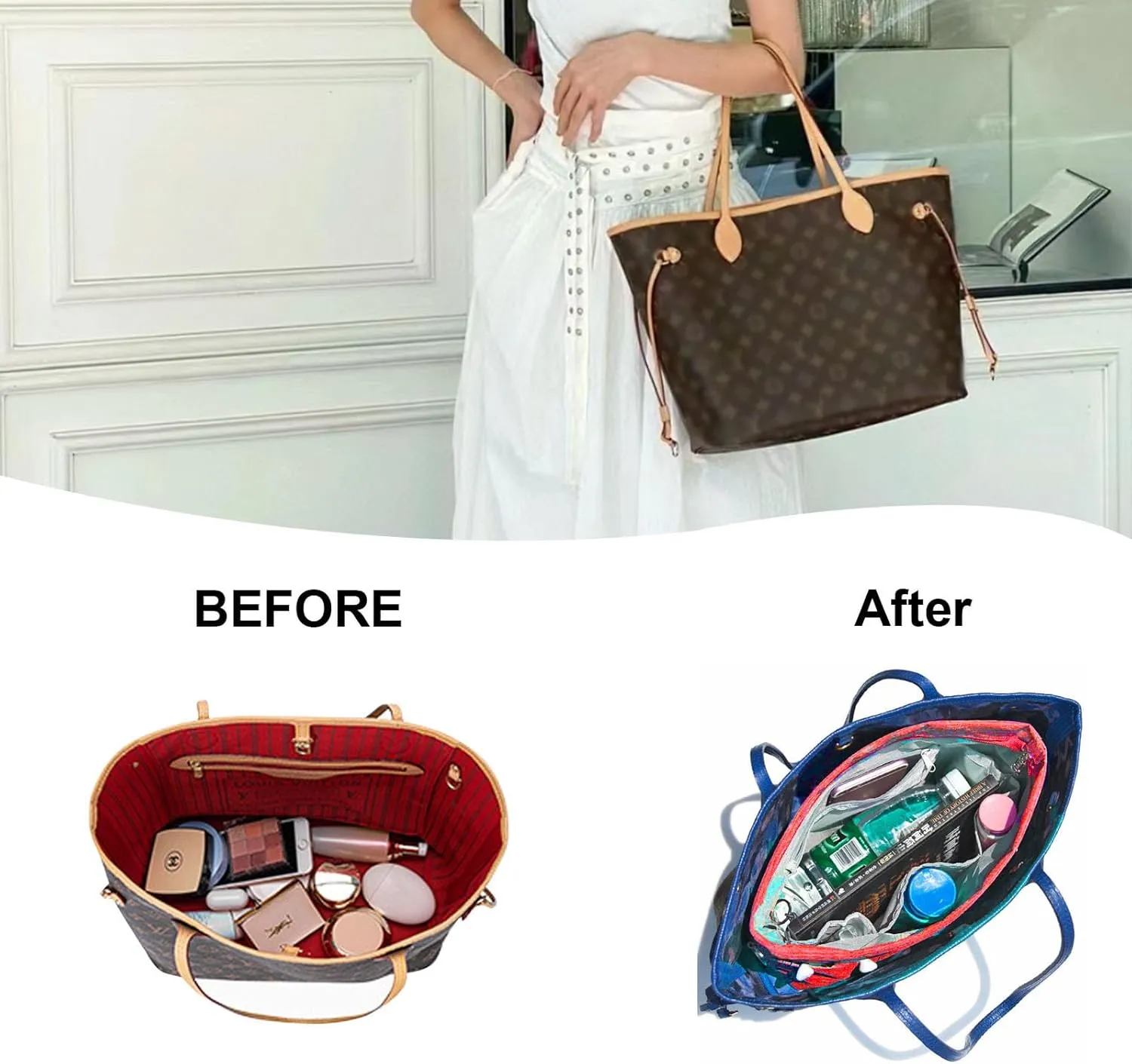 Lckaey Premium Nylon Purse Organizer for neverfull Tote Handbag insert for longchamp and goyard tote Organizers 3097Red-S