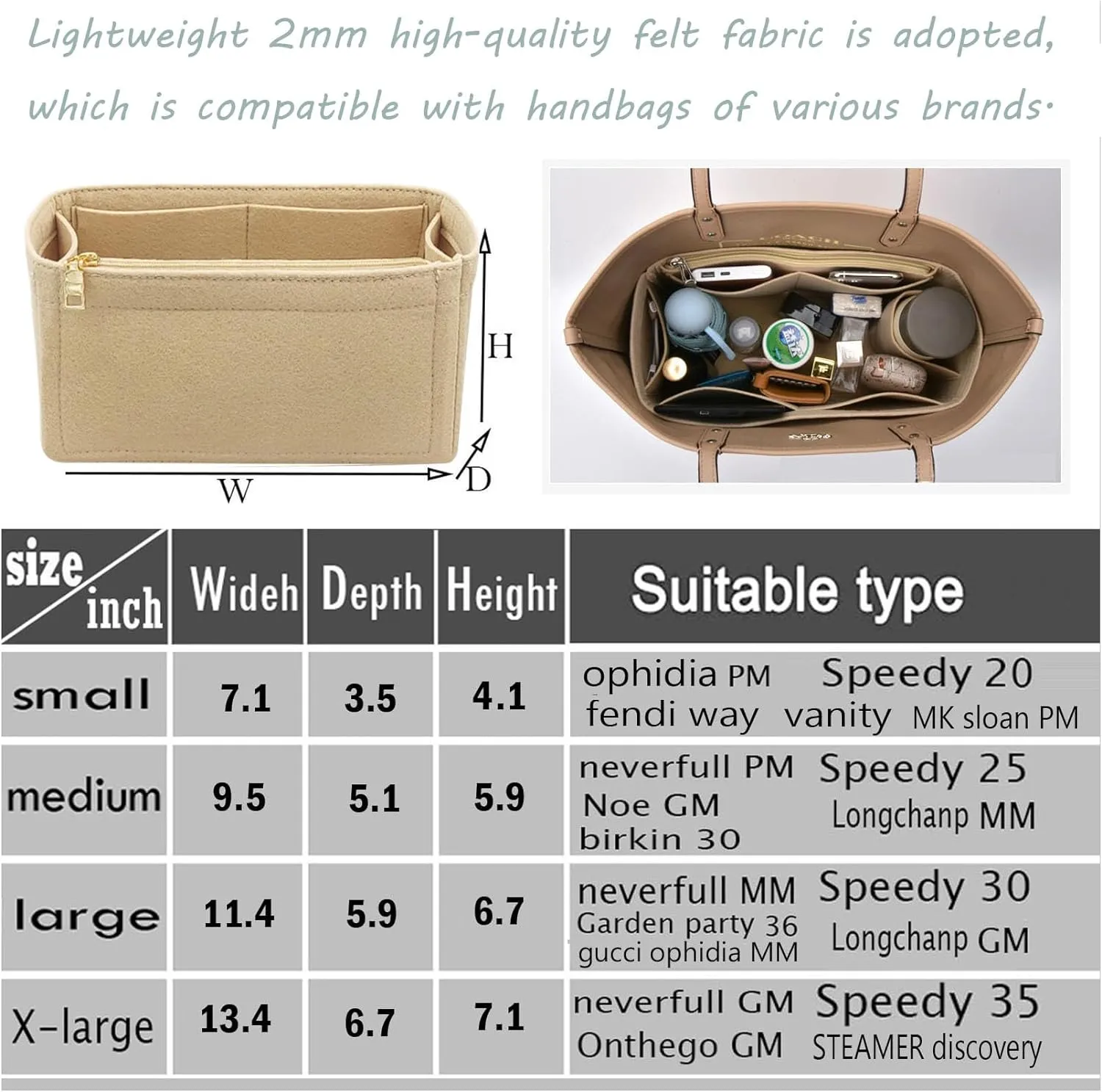Lckaey Purse Inserts for Speedy 35 Organizer Insert, for monogram bag, HandBag protective insert Tote Bag and hand bag protector, organizer insert 1083Khaki-XL
