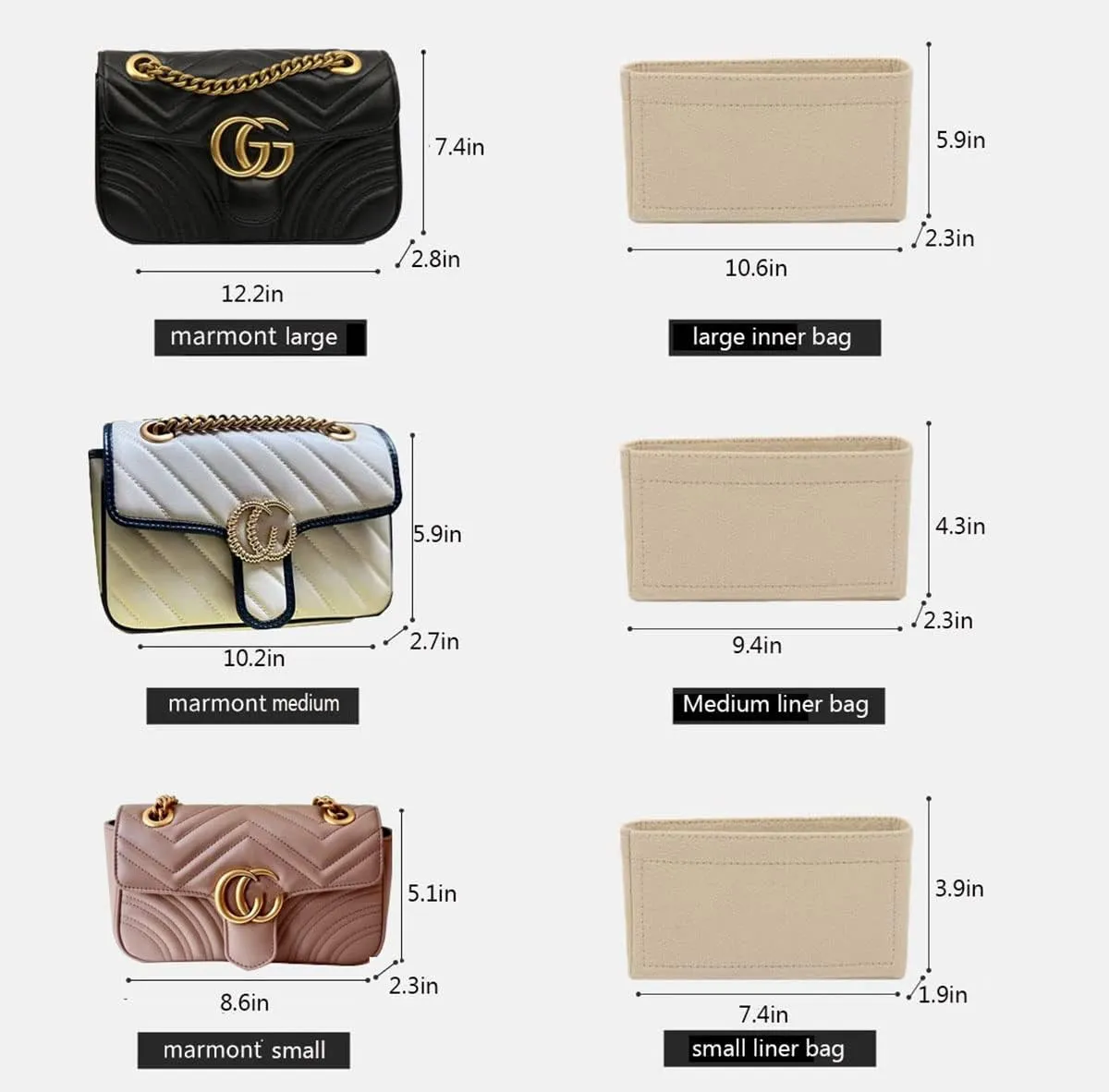 Lckaey Purse Organizer Insert Bag for marmont matelasse insert Single pack With zipper 2000AKhaki-S