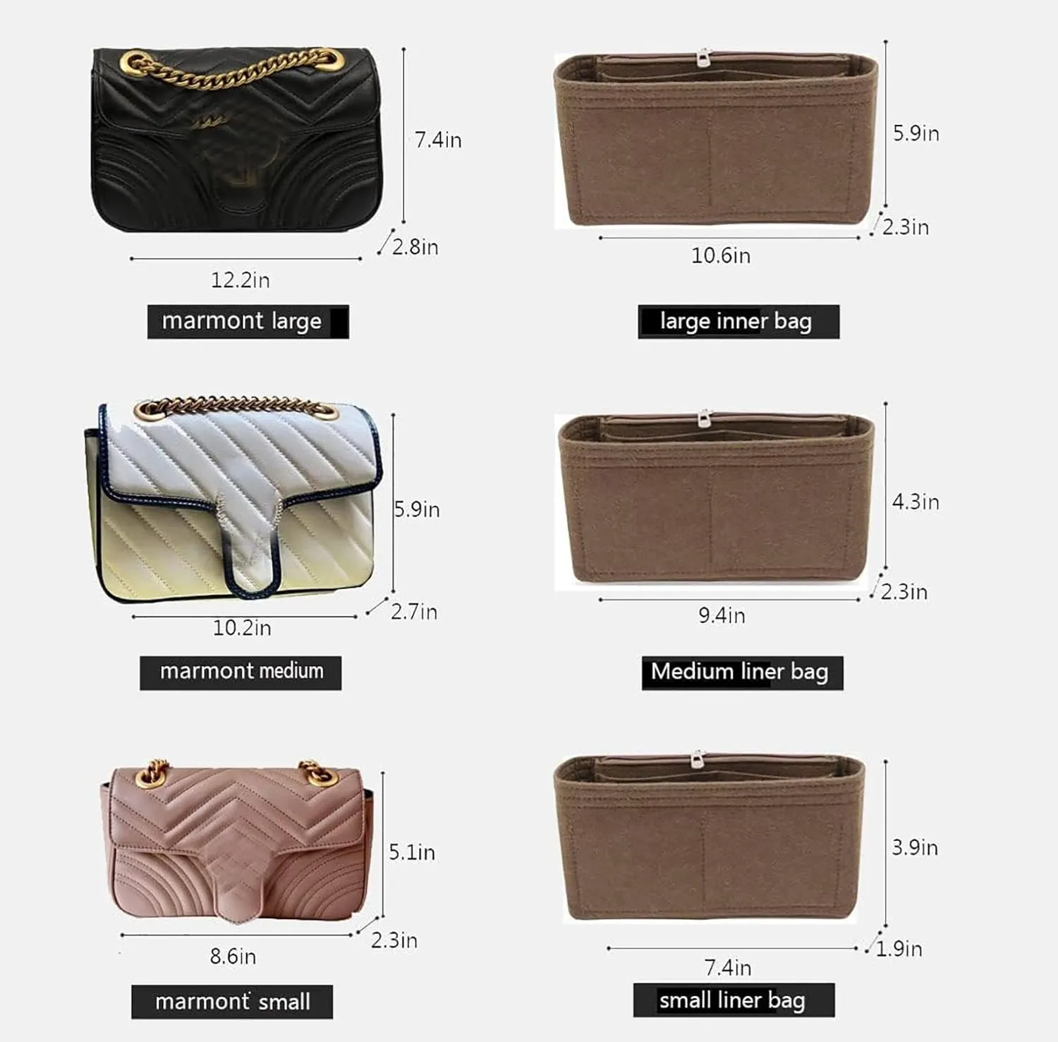 Lckaey Purse Organizer inserts pocket for marmont matelassé mini bag shoulder bag-single pack with zipper 2000Acoffee-S