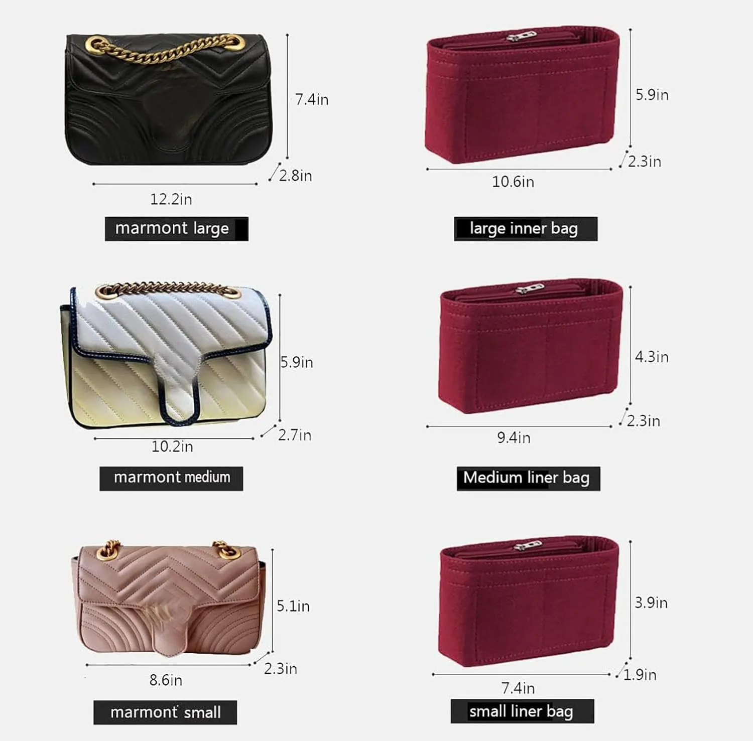 Lckaey Purse Organizer Organizer insert pocket for marmont matelassé shoulder bag-single pack with zipper 2000AClaret-M