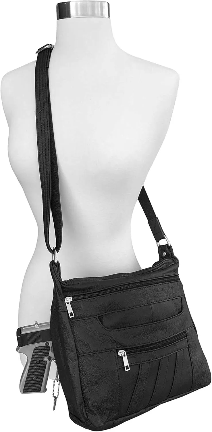 Leather Concealed Carry Crossbody Purse - YKK Locking CCW Ambidextrous Gun Bag Roma 7082