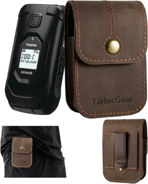 Leather Kyocera, Nokia, Sonim Flip Phone Case - Magnetic Pouch, TCL Flip Case - Brown - With Belt Clip