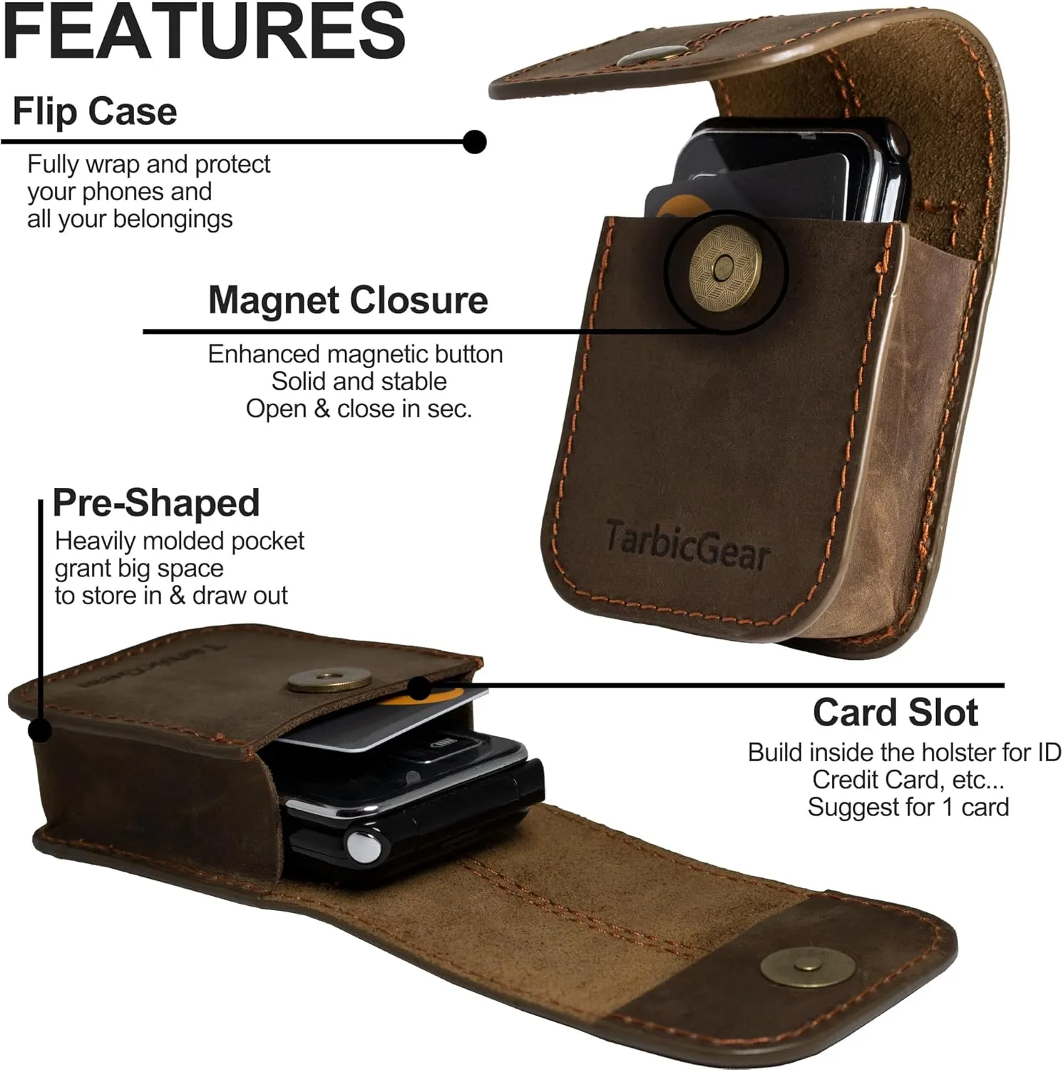 Leather Kyocera, Nokia, Sonim Flip Phone Case - Magnetic Pouch, TCL Flip Case - Brown - With Belt Clip