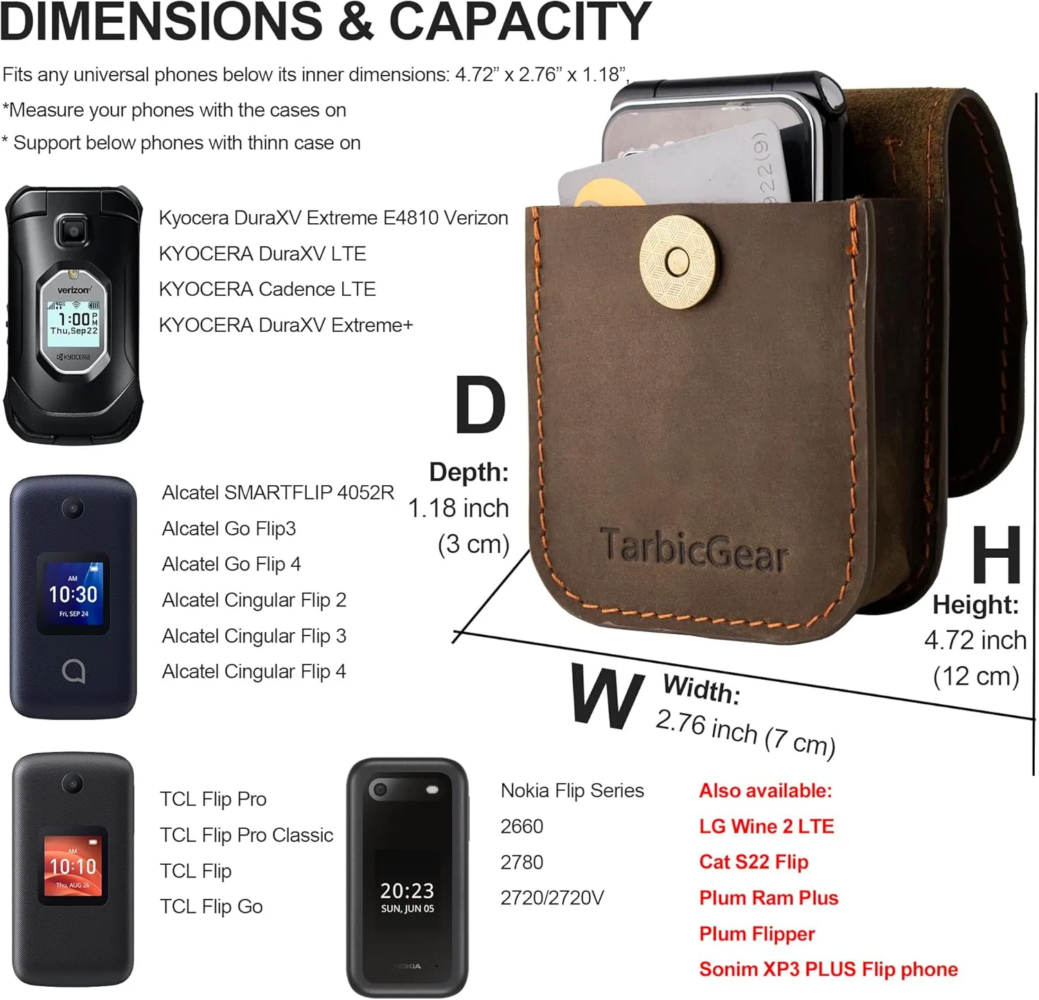 Leather Kyocera, Nokia, Sonim Flip Phone Case - Magnetic Pouch, TCL Flip Case - Brown - With Belt Clip