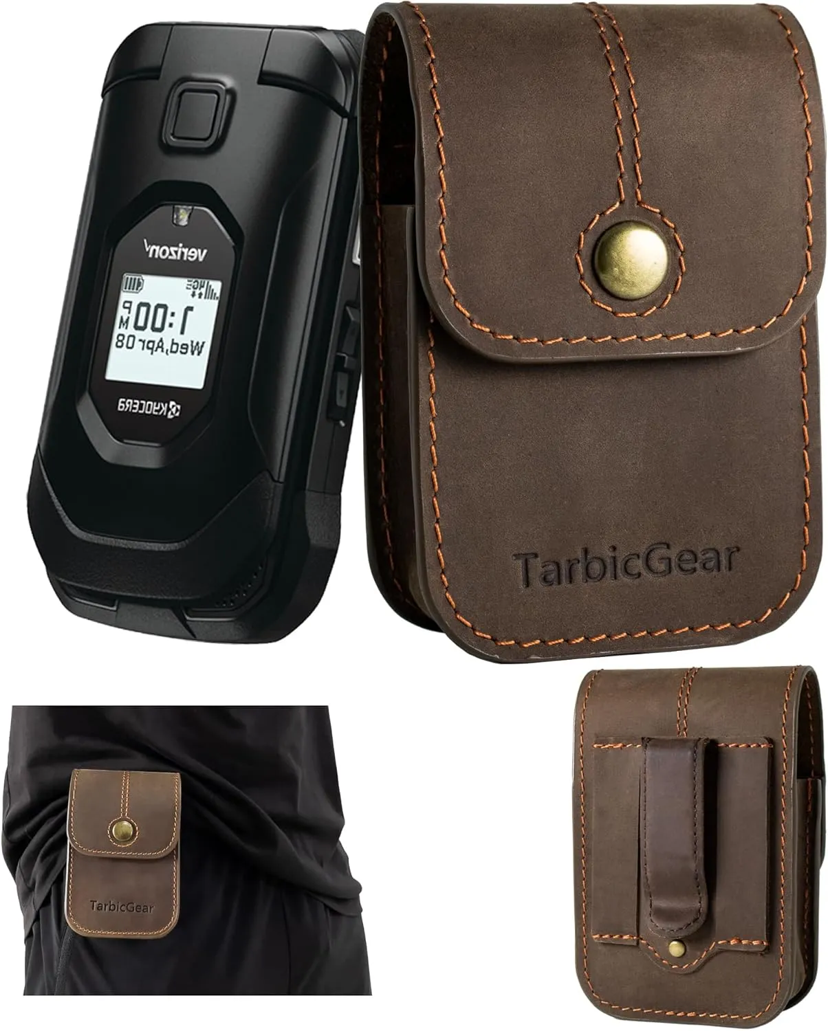 Leather Kyocera, Nokia, Sonim Flip Phone Case - Magnetic Pouch, TCL Flip Case - Brown - With Belt Clip